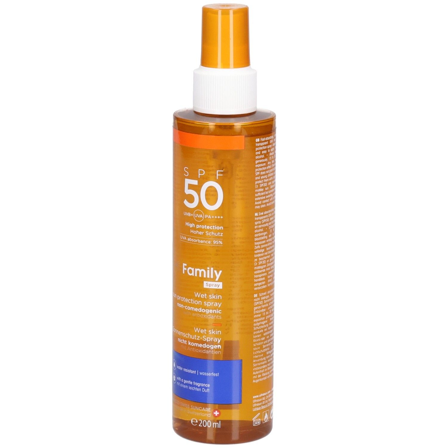 Sonnencreme-Spray mit SPF 50. Orangefarbene Flüssigkeit in einer zylindrischen Flasche mit Sprühkopf. Aufschrift: ULTRASUN, Family, Wet Skin.