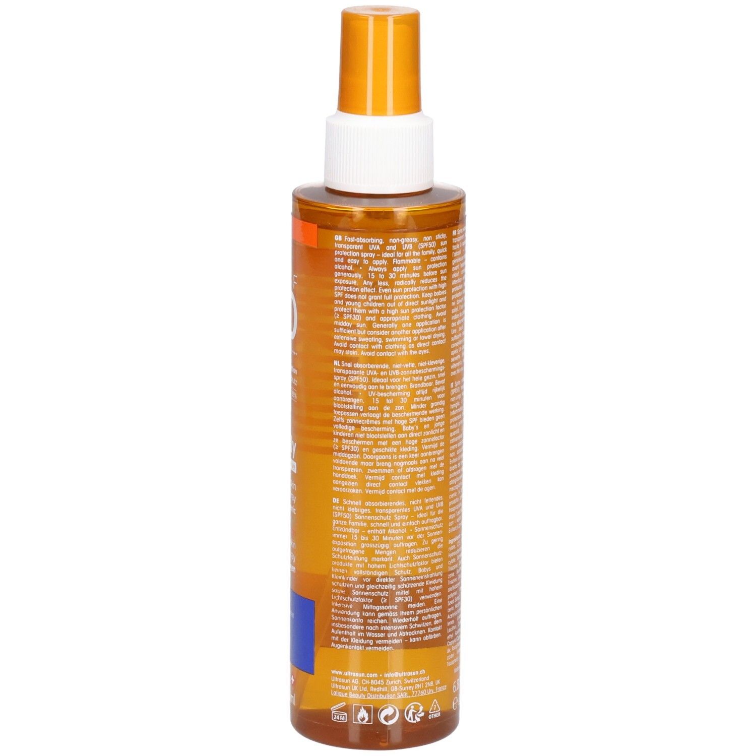 Rückseite einer zylindrischen Flasche mit orangefarbener Flüssigkeit. Text und Barcode auf dem Etikett. Volumen: 6.8 FL.OZ. e 200ml.