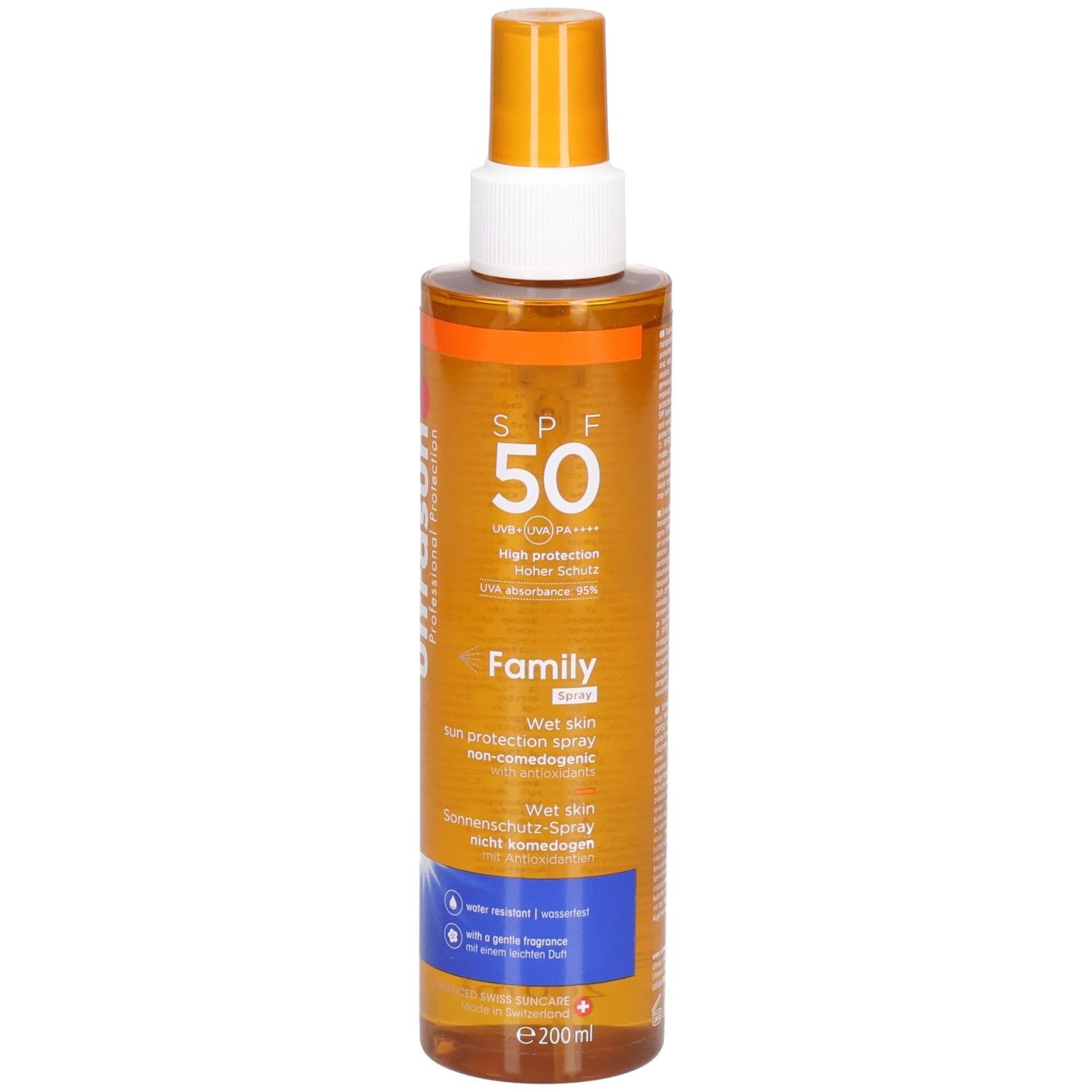 Sonnencreme-Spray mit SPF 50. Orangefarbene Flüssigkeit in einer zylindrischen Flasche mit Sprühkopf. Aufschrift: ULTRASUN, Family, Wet Skin.