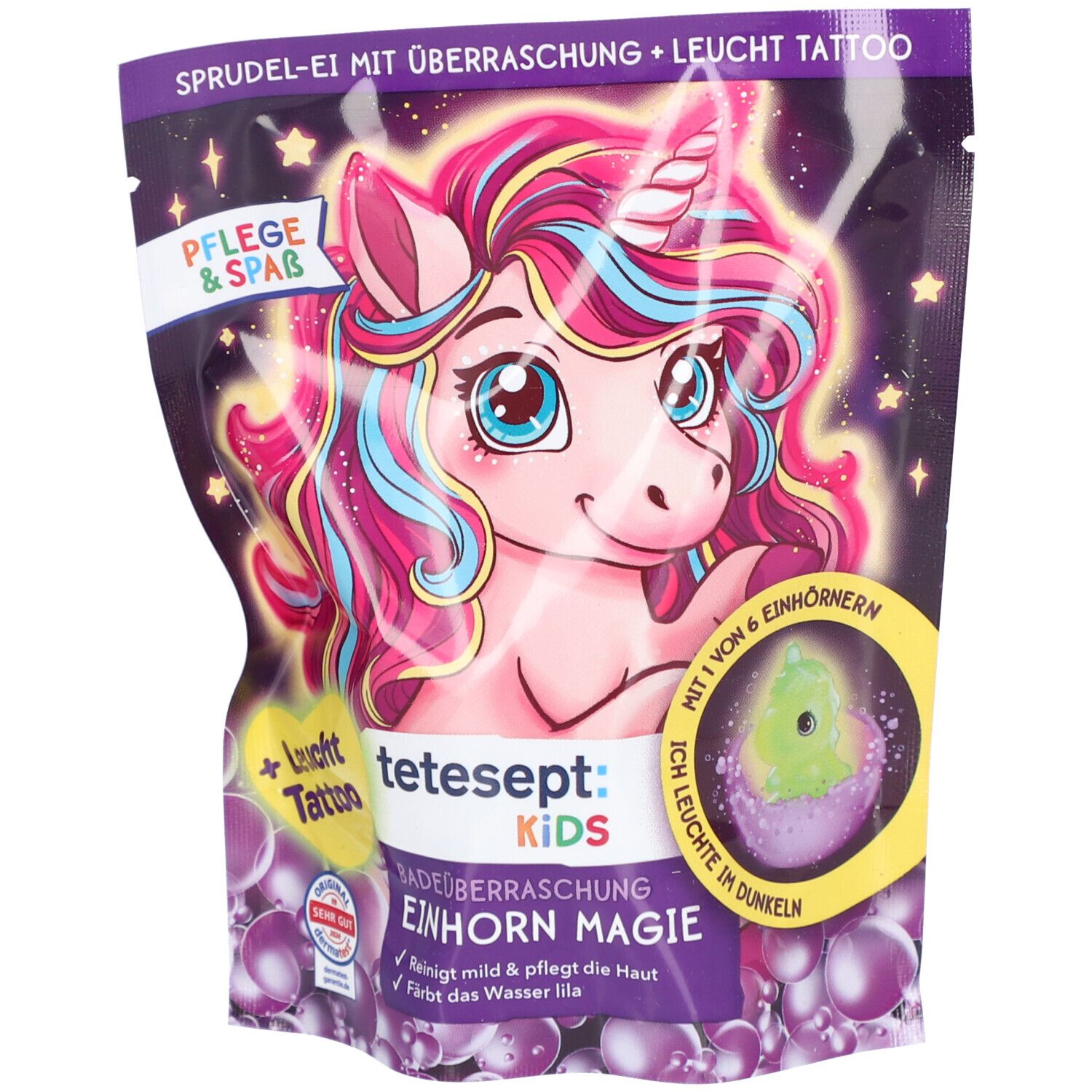 Verpackung tetesept Kids Badeüberraschung Einhorn Magie. Einhorn-Illustration, lila Hintergrund, Produktname.