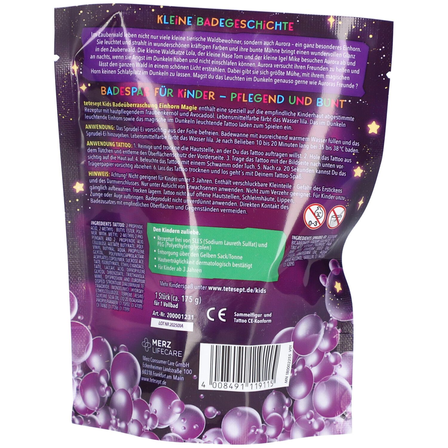 Rückseite der Verpackung tetesept Kids Badeüberraschung Einhorn Magie. Text, Inhaltsstoffe, CE-Zeichen.