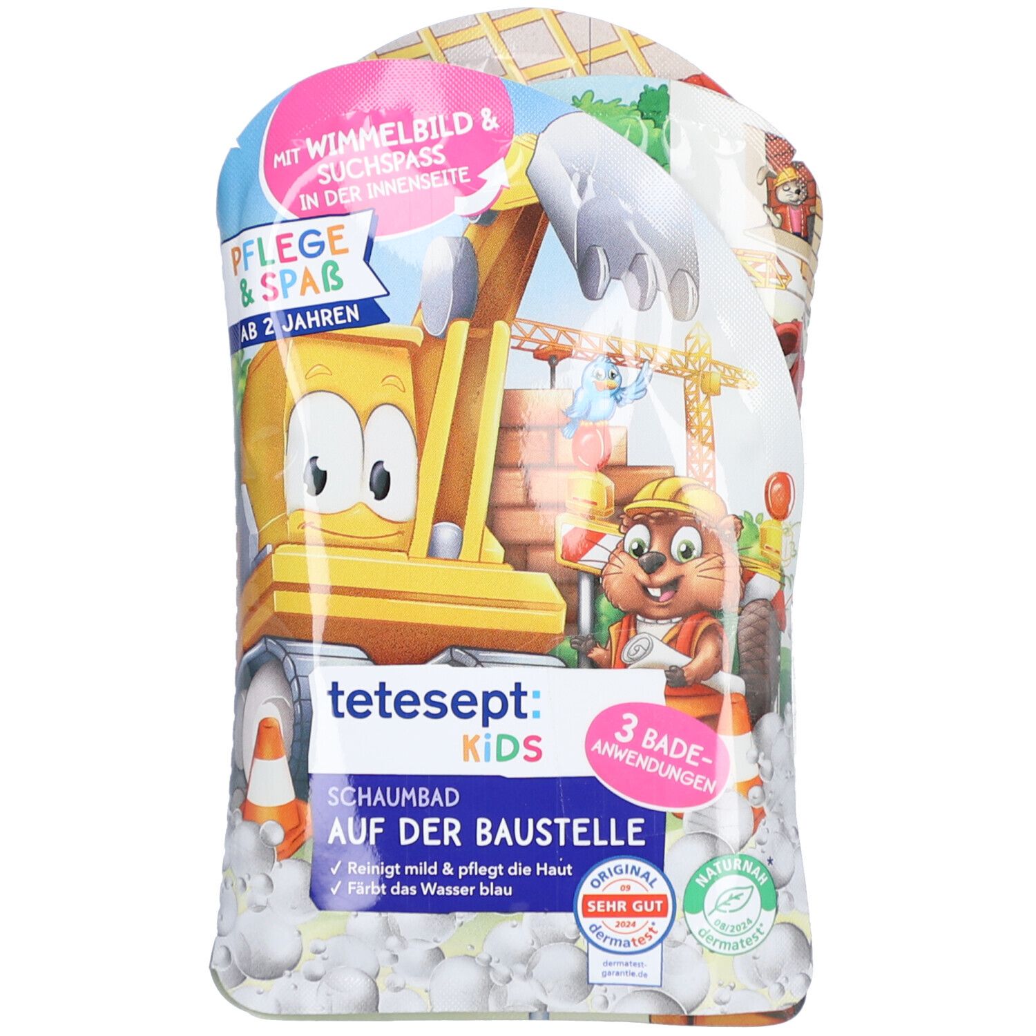 Verpackung tetesept Kids Schaumbad Auf der Baustelle. Abbildung eines Baggers und eines Bibers. Text: 3 Badeanwendungen.