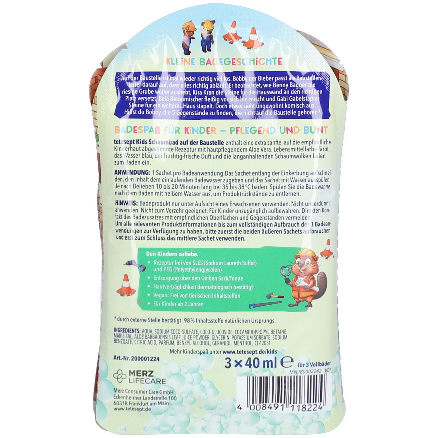 Rückseite der Verpackung tetesept Kids Schaumbad Auf der Baustelle. Text und Illustrationen. Enthält 3 x 40 ml.