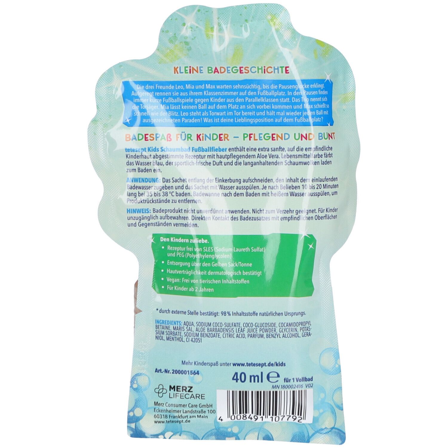 Rückseite der Verpackung tetesept Kids Schaumbad Fußballfieber. Text: Kleine Badegeschichte, Badespaß für Kinder, Inhaltsstoffe, 40 ml.
