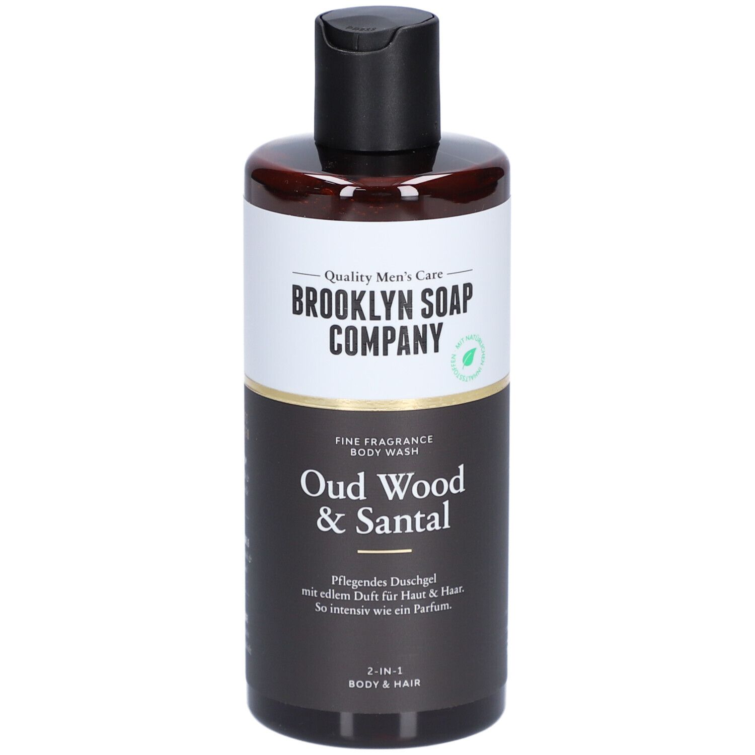 Braune Flasche mit schwarzem Deckel. Aufschrift: Brooklyn Soap Company, Oud Wood & Santal. 2-in-1 Body & Hair.