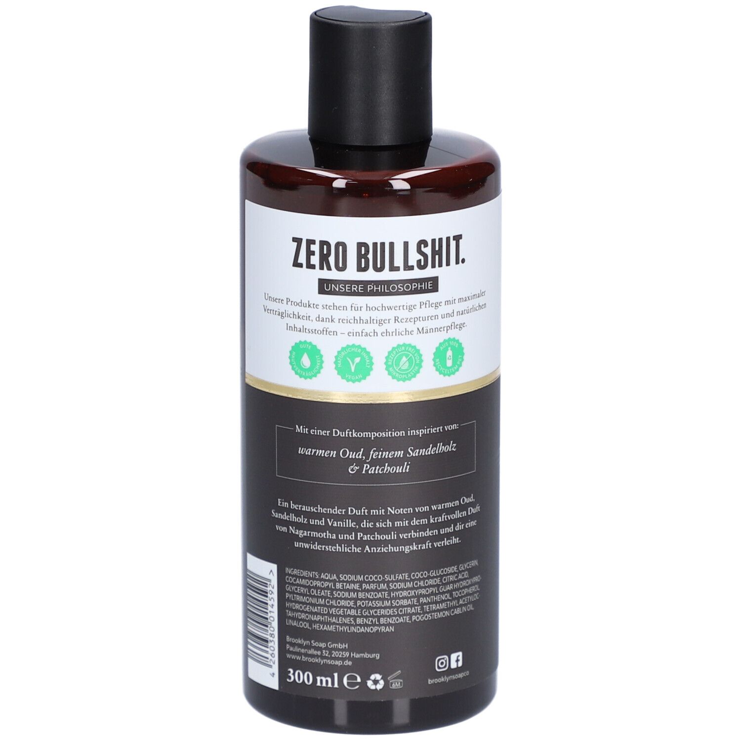 Braune Flasche mit Aufschrift: Zero Bullshit, Unsere Philosophie. Inhaltsstoffe, 300ml. Mit Duftkomposition aus Oud, Sandelholz & Patchouli.