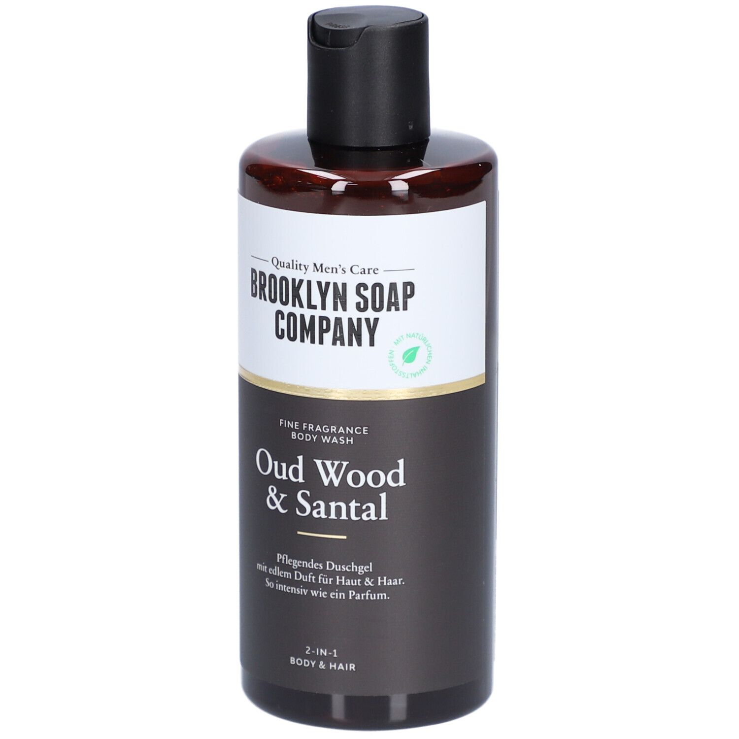 Braune Flasche mit schwarzem Deckel. Aufschrift: Brooklyn Soap Company, Oud Wood & Santal. 2-in-1 Body & Hair.