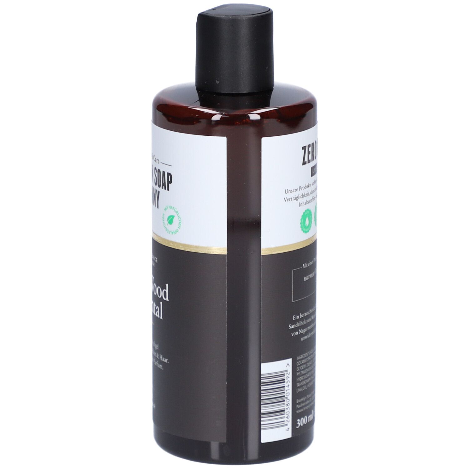 Braune Flasche, seitliche Ansicht. Aufschrift: Brooklyn Soap Company, Oud Wood & Santal. 300ml.