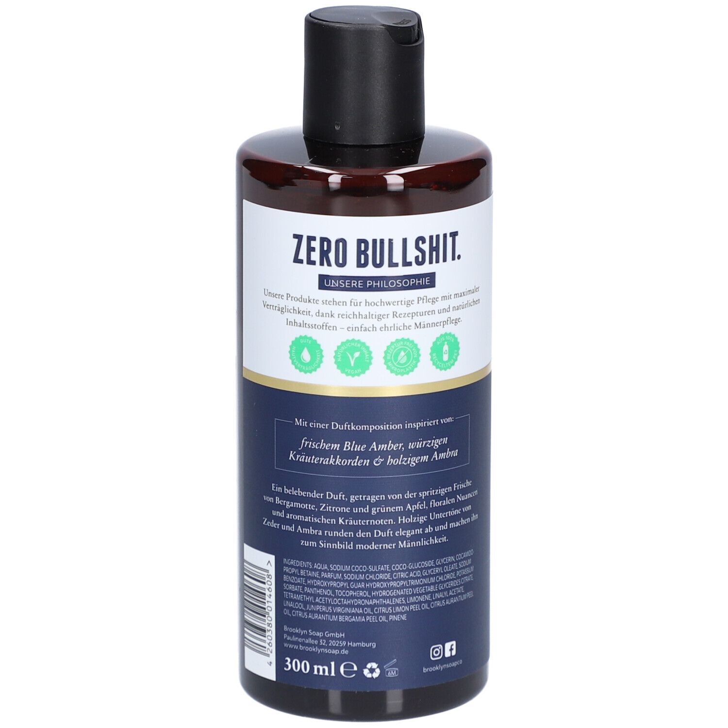 Duschgel-Flasche mit schwarzem Deckel. Aufschrift: Brooklyn Soap Company. Inhalt: 300 ml. Beschreibung der Duftkomposition.