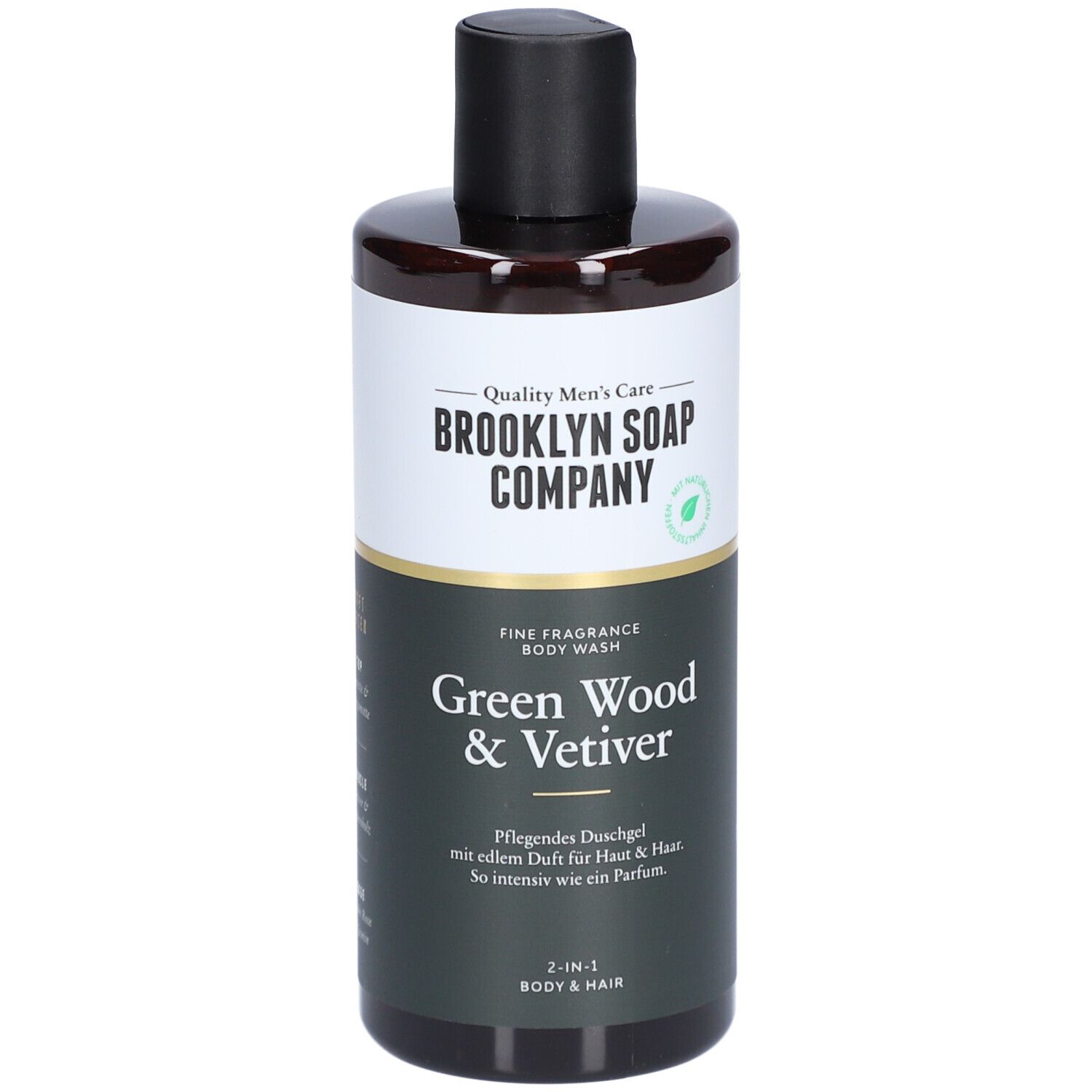 Duschgel-Flasche mit schwarzem Deckel. Aufschrift: Brooklyn Soap Company, Green Wood & Vetiver.