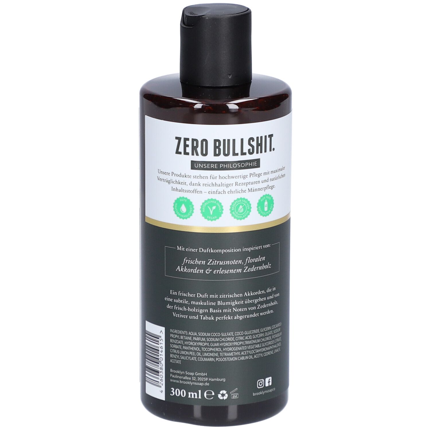 Duschgel-Flasche mit schwarzem Deckel. Aufschrift: Zero Bullshit. Vegan-Siegel. 300 ml.