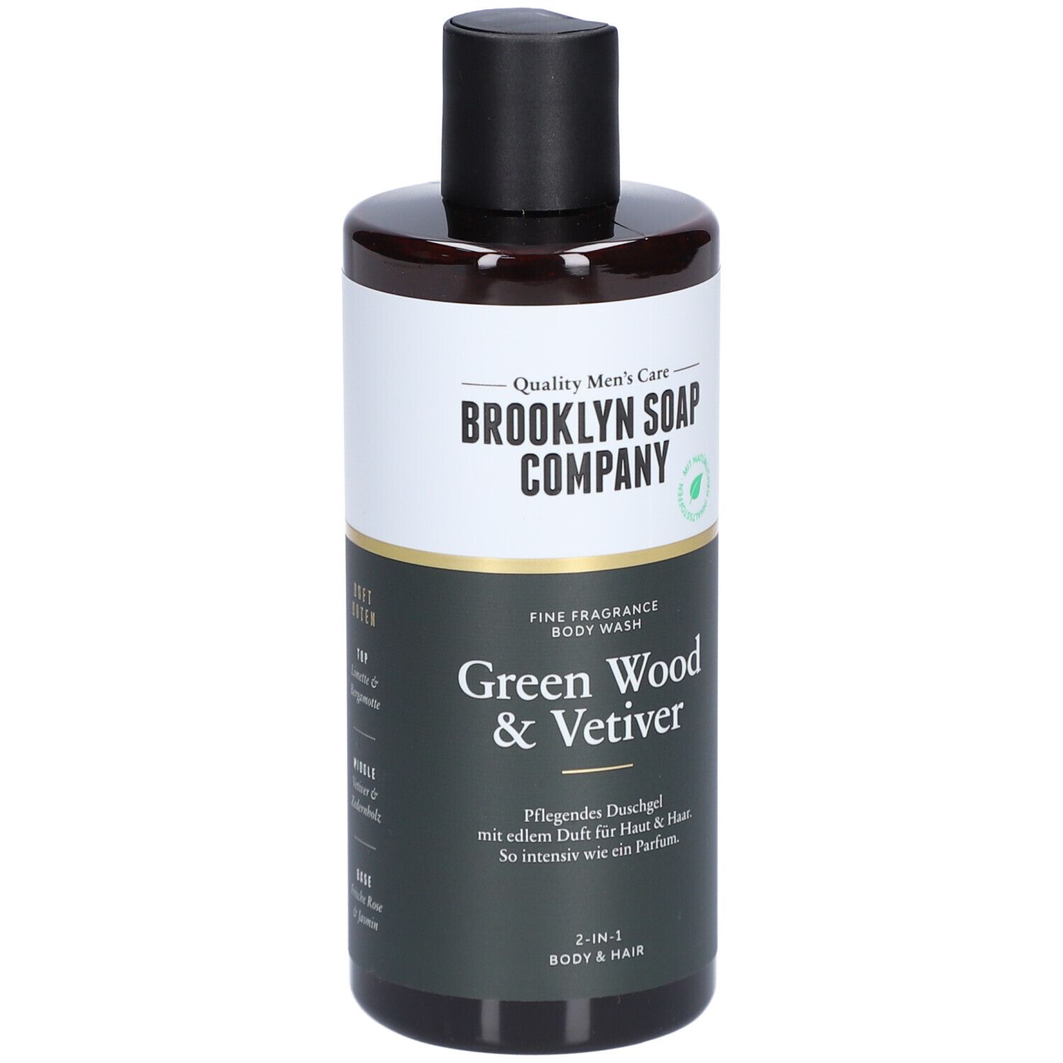 Duschgel-Flasche mit schwarzem Deckel. Aufschrift: Brooklyn Soap Company, Green Wood & Vetiver.
