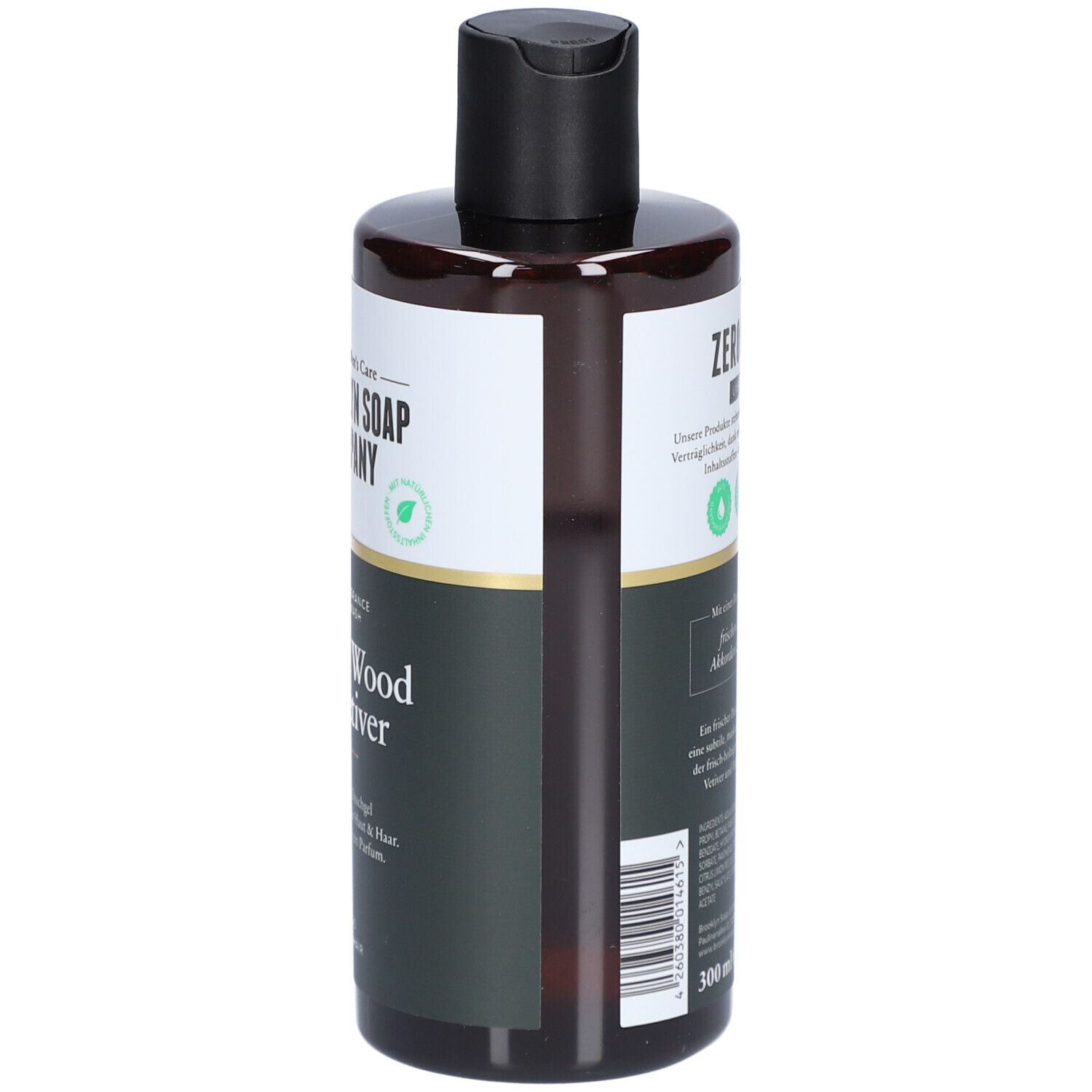 Duschgel-Flasche mit schwarzem Deckel. Aufschrift: Brooklyn Soap Company, Green Wood & Vetiver. 300 ml.