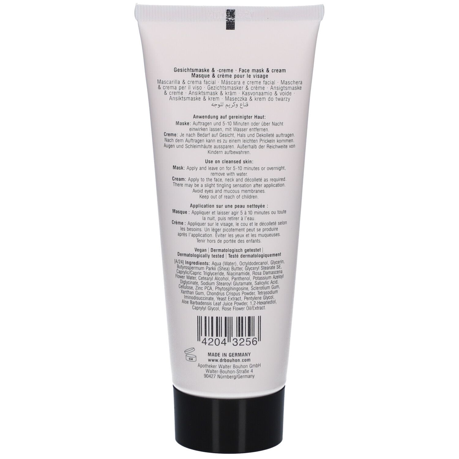 Rückseite der Tube. Text in mehreren Sprachen, darunter Deutsch und Französisch. Barcode und Herstellerangaben.