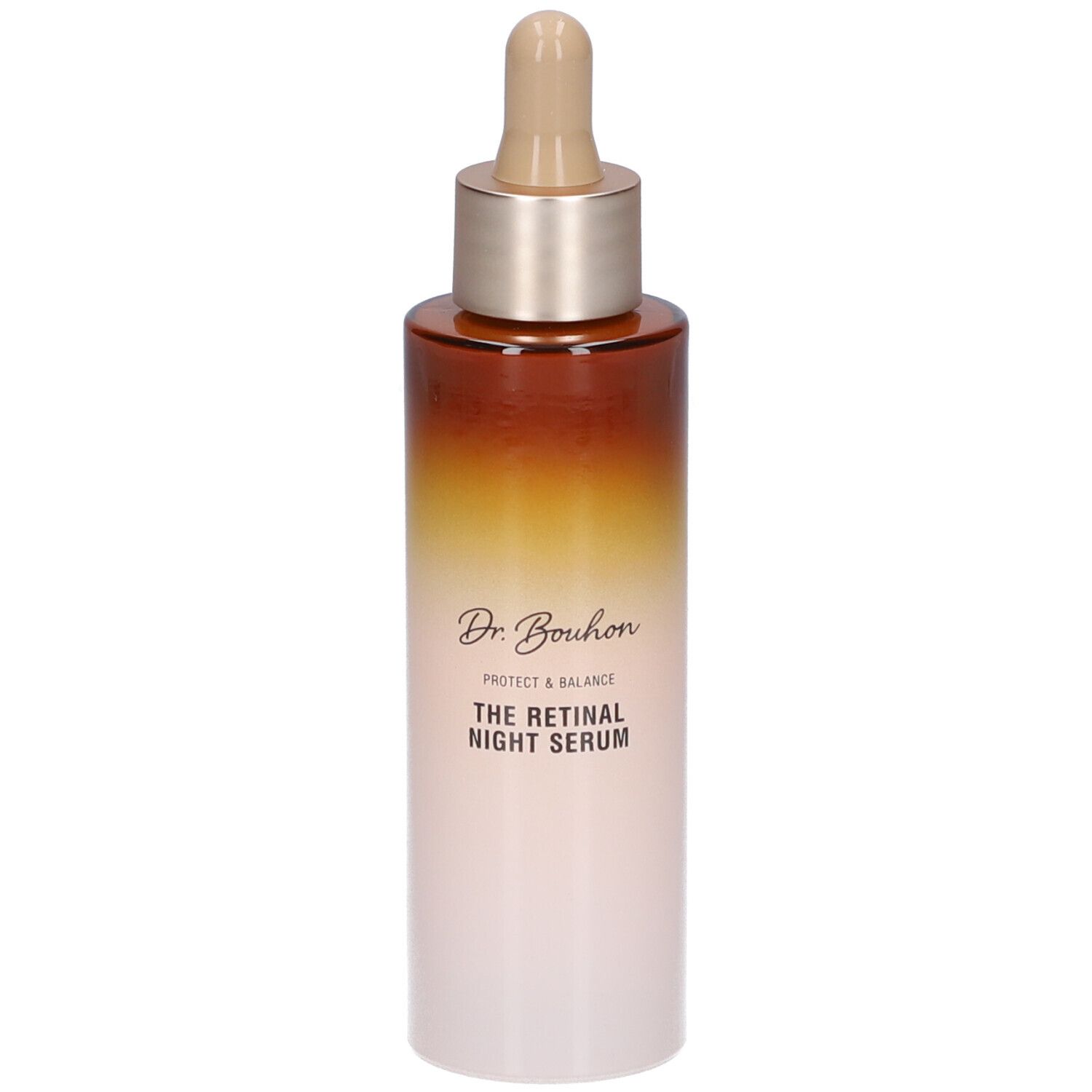 Braune und weiße Flasche mit Pipette. Aufschrift: Dr. Bouhon, THE RETINAL NIGHT SERUM.