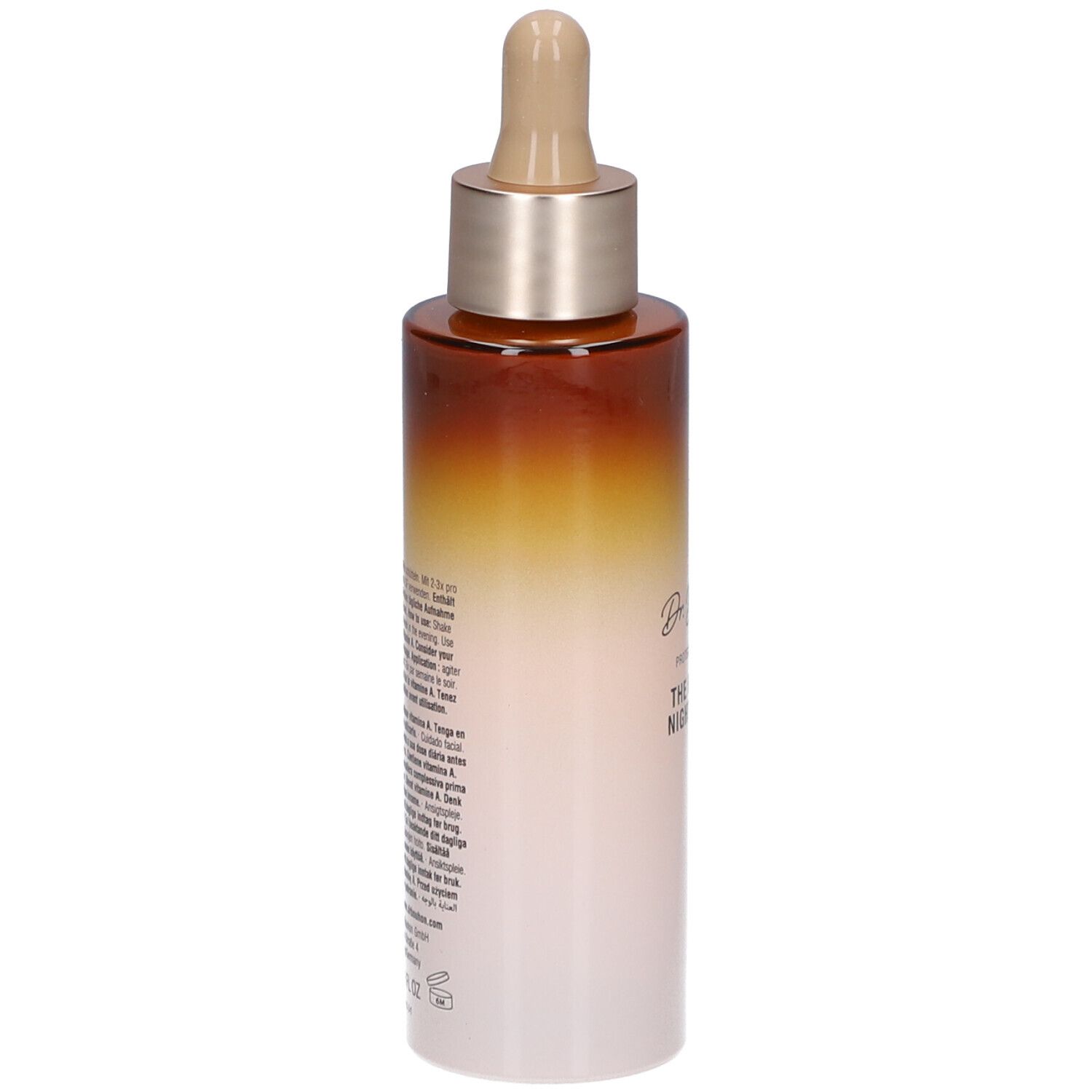 Flasche mit Pipette, braun-weiß. Rückseite mit Text. Aufschrift: Dr. Bouhon, THE RETINAL NIGHT SERUM.