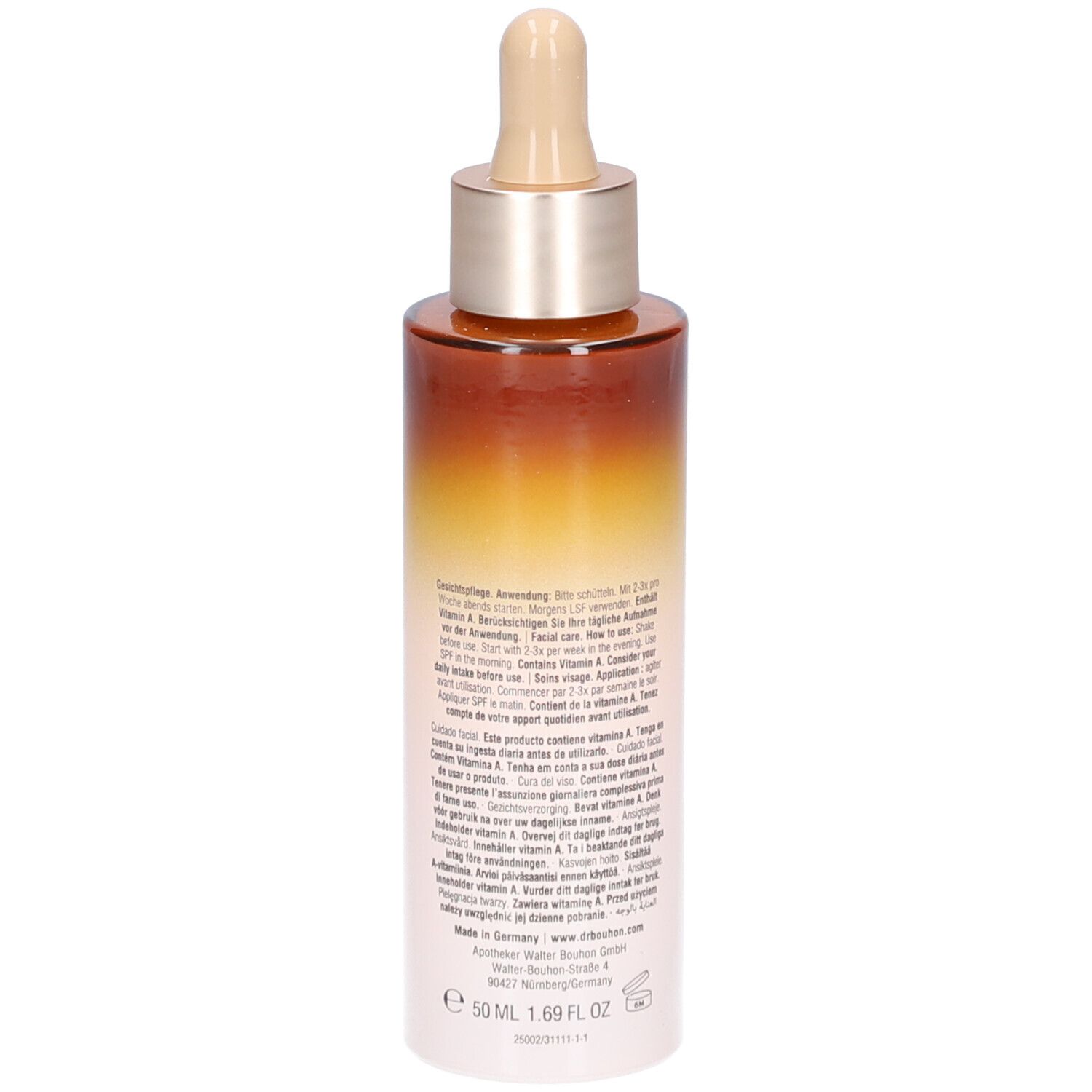 Rückseite der Flasche mit Text. Aufschrift: Dr. Bouhon, THE RETINAL NIGHT SERUM, 50 ml.