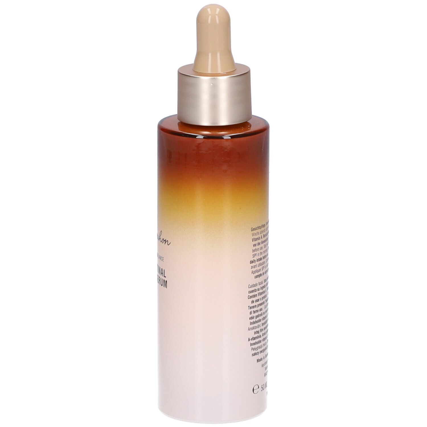 Flasche mit Pipette, braun-weiß. Rückseite mit Text. Aufschrift: Dr. Bouhon, THE RETINAL NIGHT SERUM.