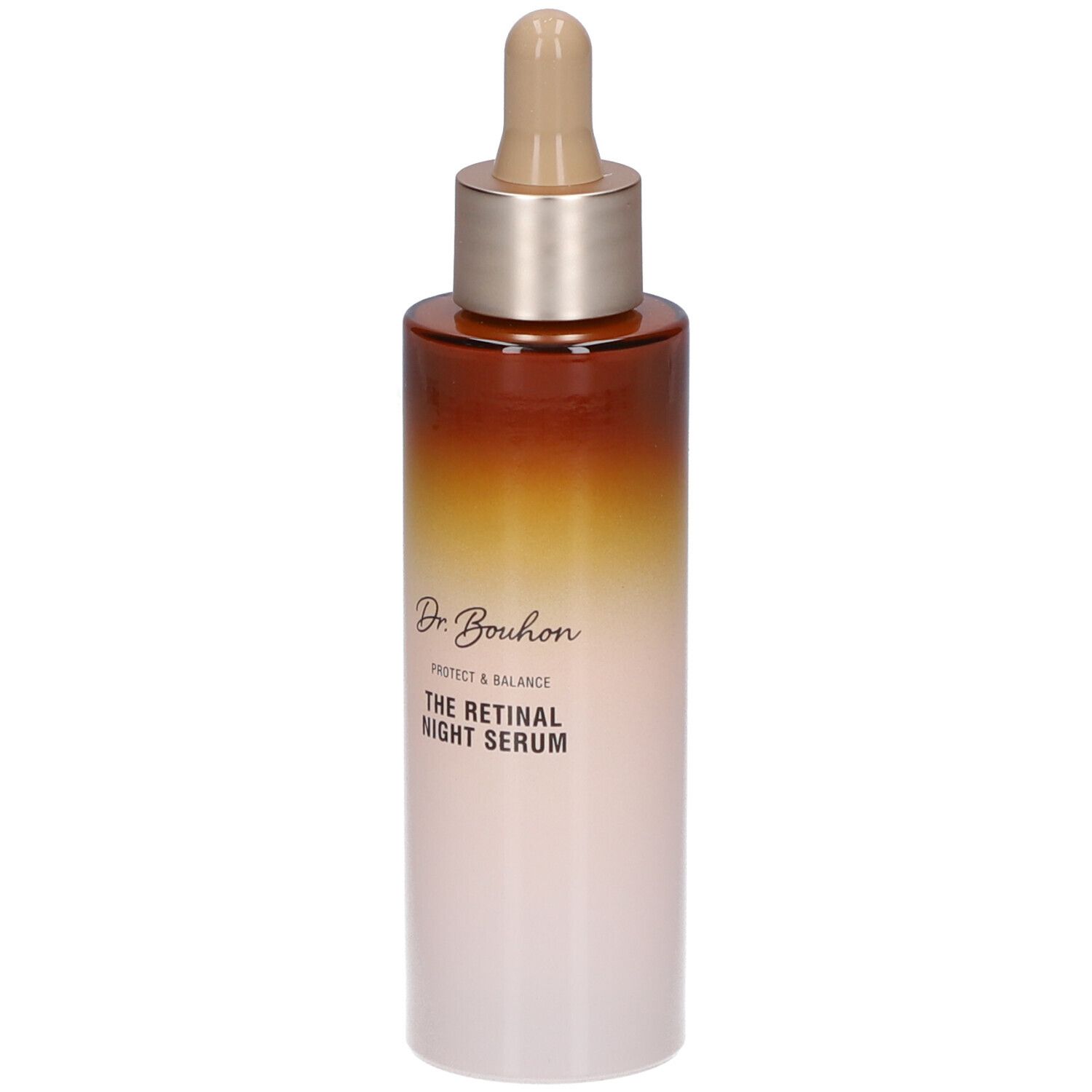 Braune und weiße Flasche mit Pipette. Aufschrift: Dr. Bouhon, THE RETINAL NIGHT SERUM.