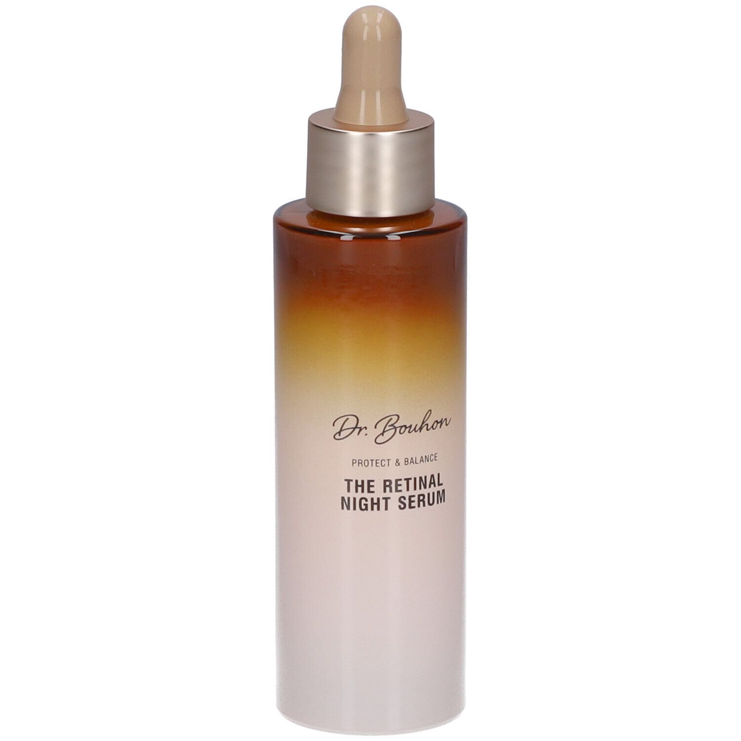 Braune und weiße Flasche mit Pipette. Aufschrift: Dr. Bouhon, THE RETINAL NIGHT SERUM.