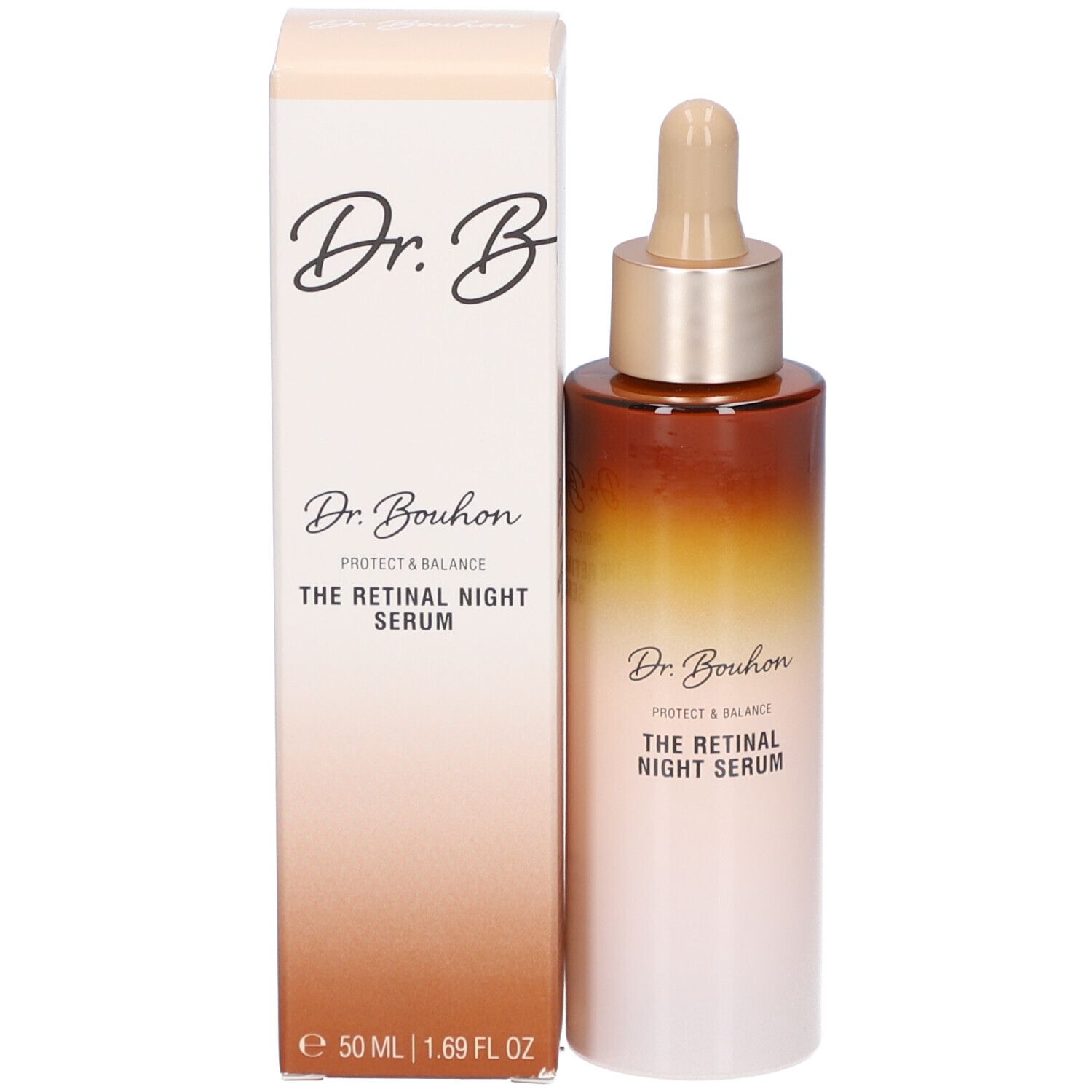 Produkt mit Verpackung. Flasche mit Pipette und Karton. Aufschrift: Dr. Bouhon, THE RETINAL NIGHT SERUM.