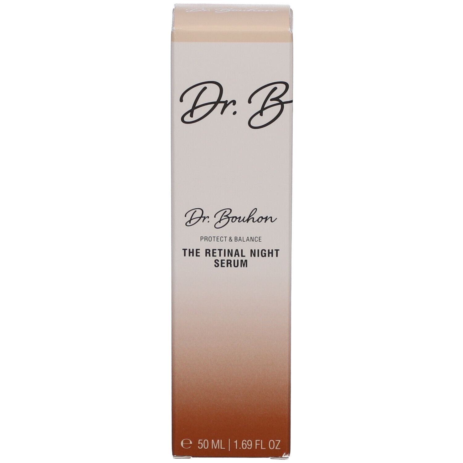 Kartonverpackung. Aufschrift: Dr. B, Dr. Bouhon, THE RETINAL NIGHT SERUM, 50 ml.
