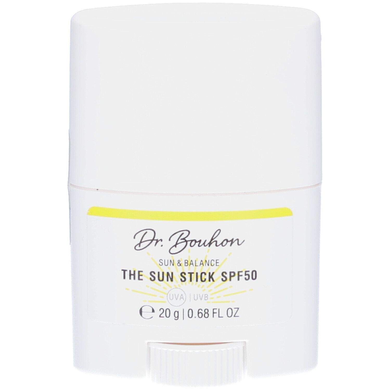 Weißer Sonnenschutz-Stick. Gelber Streifen mit Schriftzug: Dr. Bouhon, The Sun Stick SPF50. 20g, 0.68 FL OZ. Drehmechanismus.