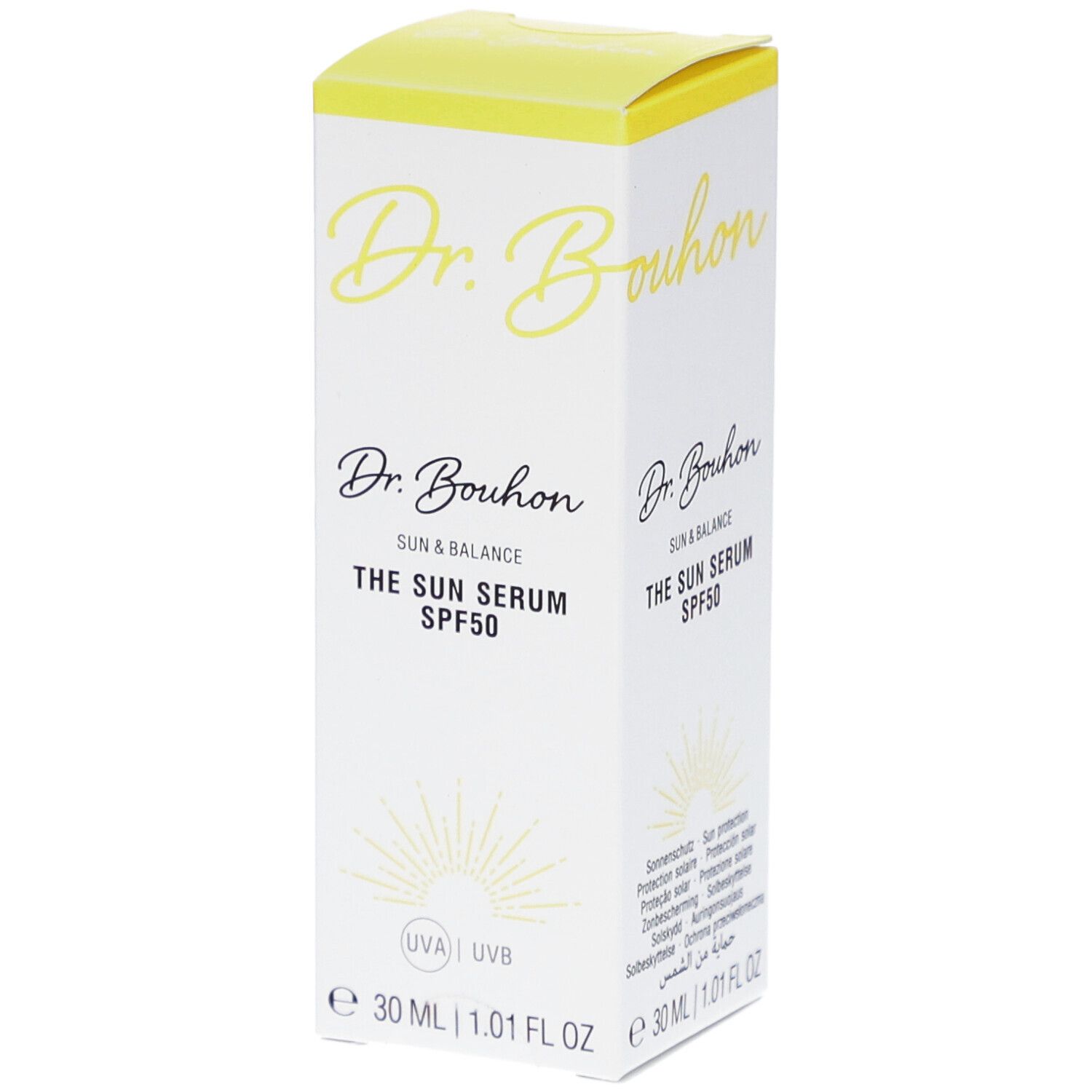 Weiße Verpackung mit gelbem Deckel. Aufschrift: Dr. Bouhon, The Sun Serum SPF50. Sonnenlogo. Volumen: 30 ml.