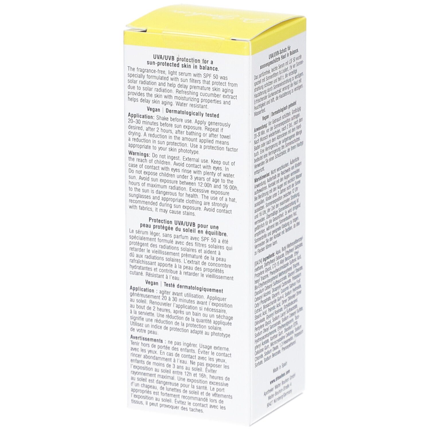 Weiße Verpackung mit gelbem Deckel. Text auf Englisch und Französisch. Anwendungshinweise und Warnhinweise.