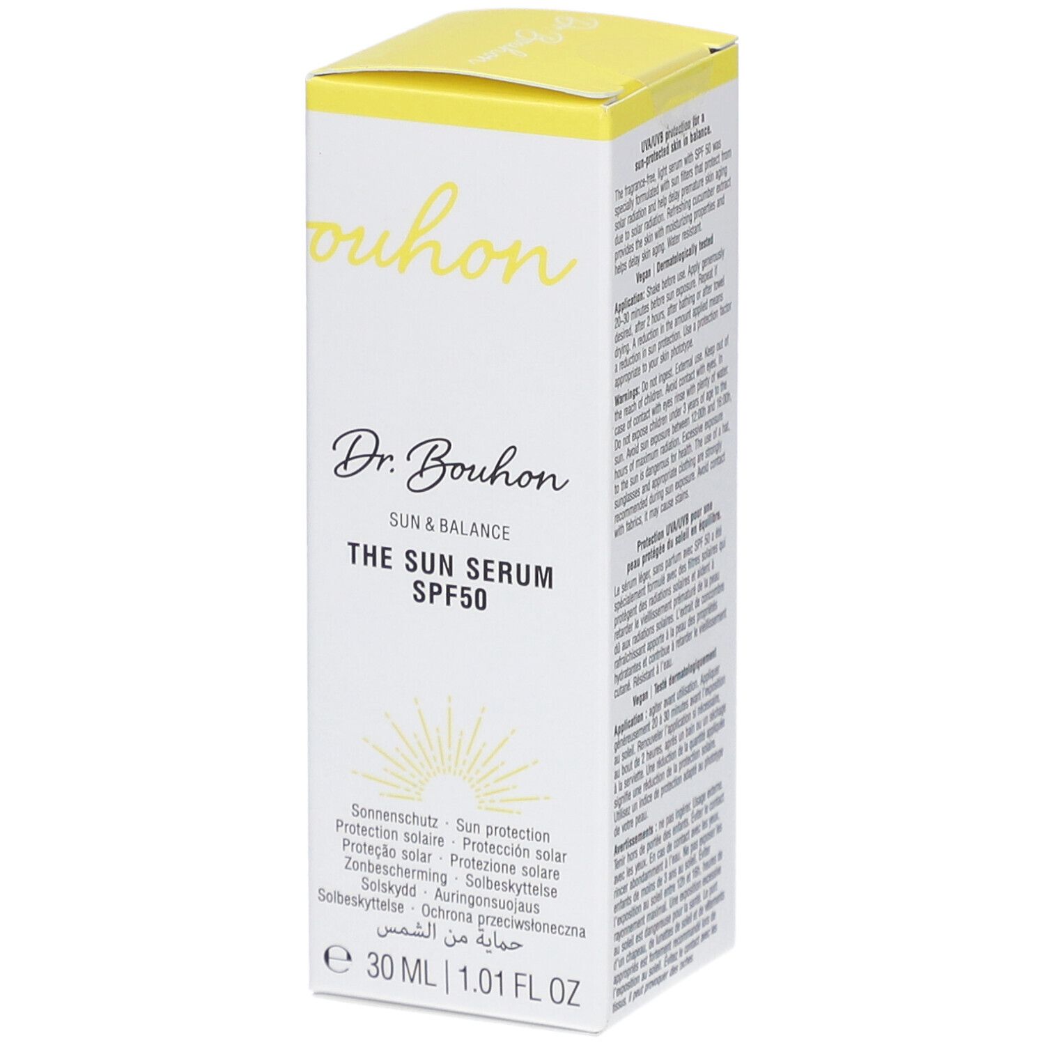 Weiße Verpackung mit gelbem Deckel. Aufschrift: Dr. Bouhon, The Sun Serum SPF50. Sonnenlogo. Volumen: 30 ml.