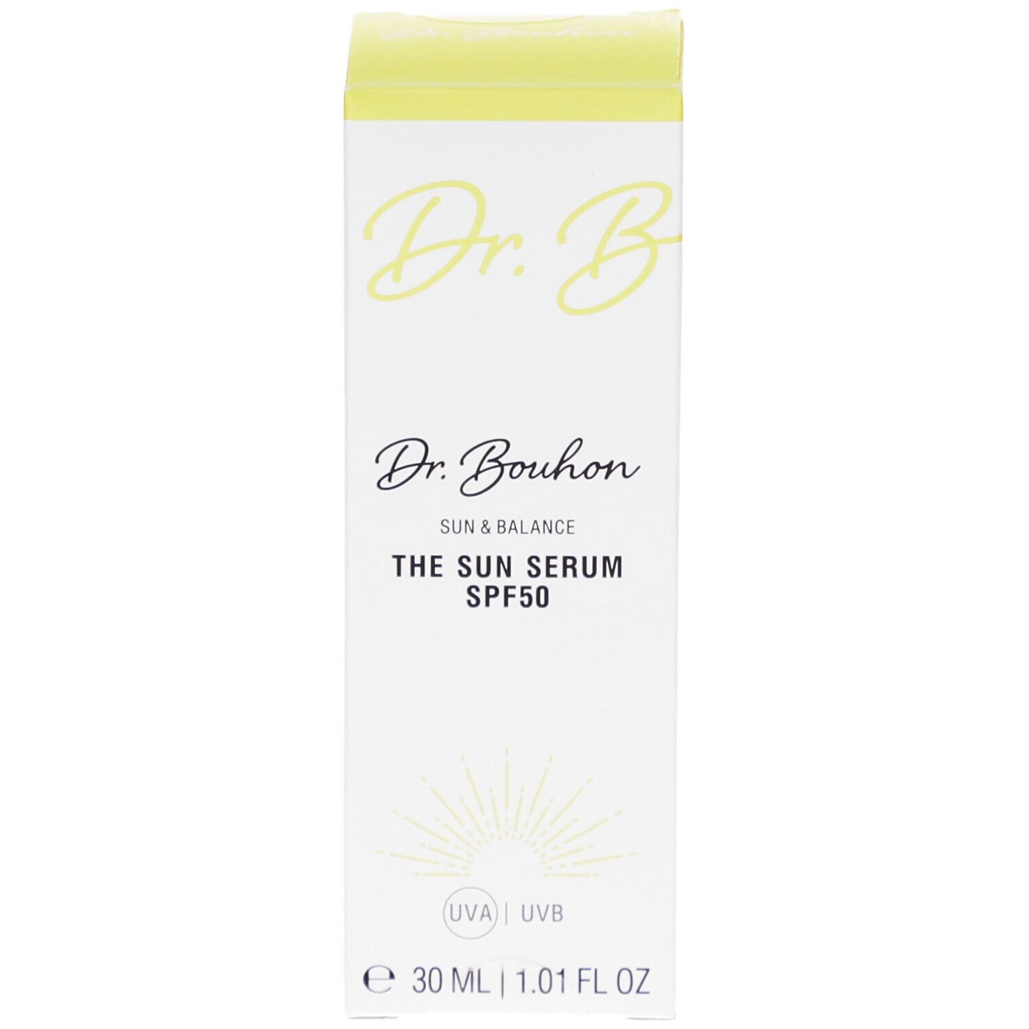 Weiße Verpackung mit gelbem Deckel. Aufschrift: Dr. Bouhon, The Sun Serum SPF50. Sonnenlogo. Volumen: 30 ml.