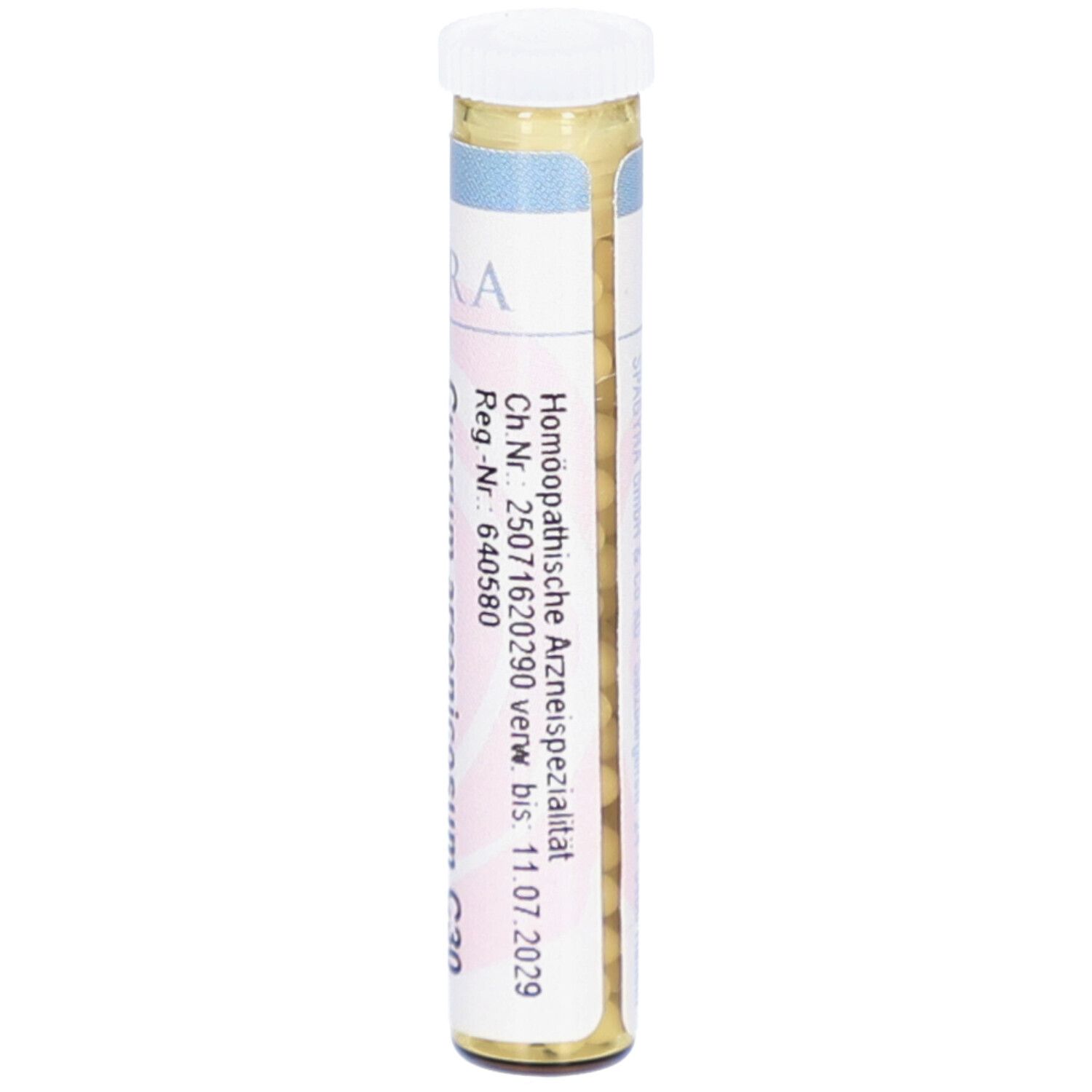 Zylinderförmige Packung mit Globuli. Aufschrift: Cup. ars. C30. Homöopathische Arzneispezialität.