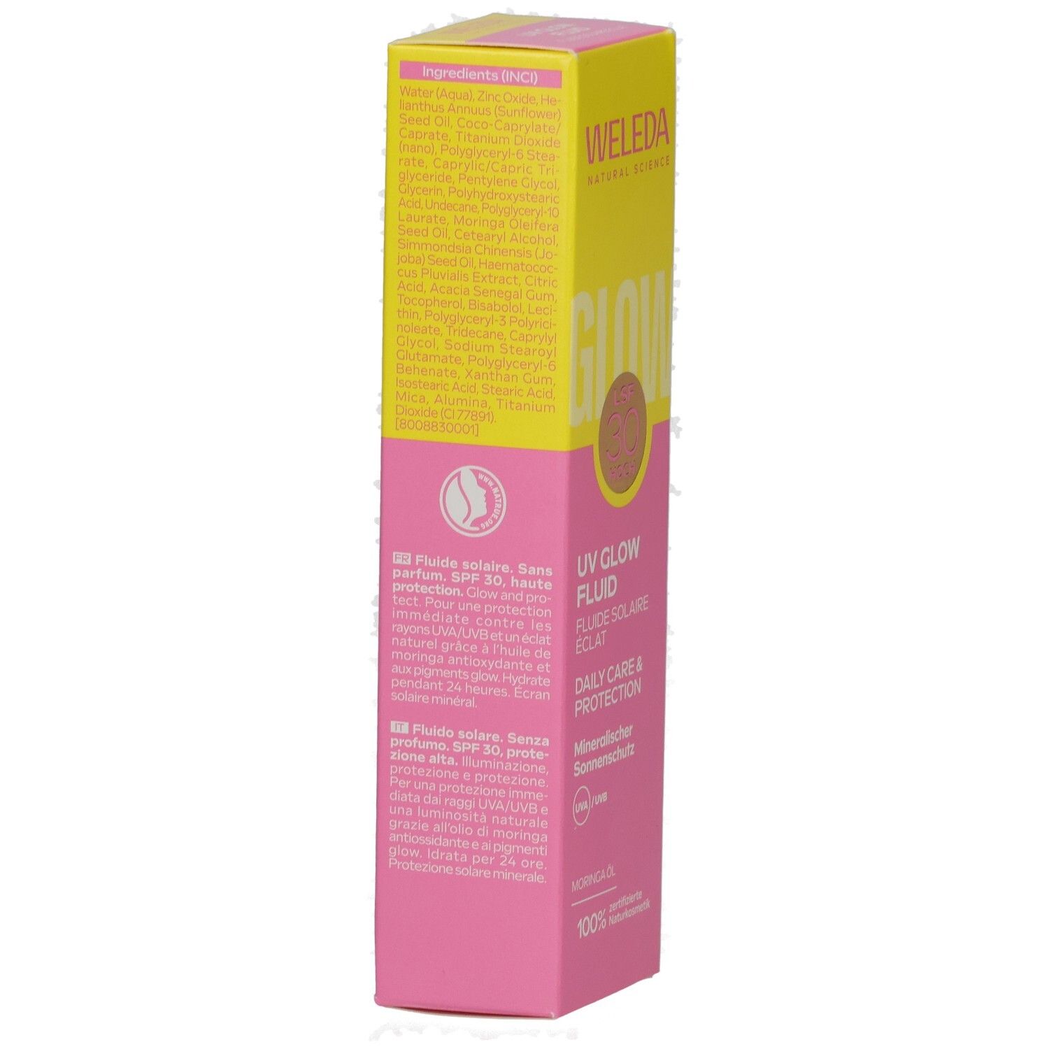 Rosa-gelbe Verpackung. Aufschrift: Inhaltsstoffe. Logo: NATRUE. Text in Deutsch, Französisch, Italienisch. Marke: Weleda.