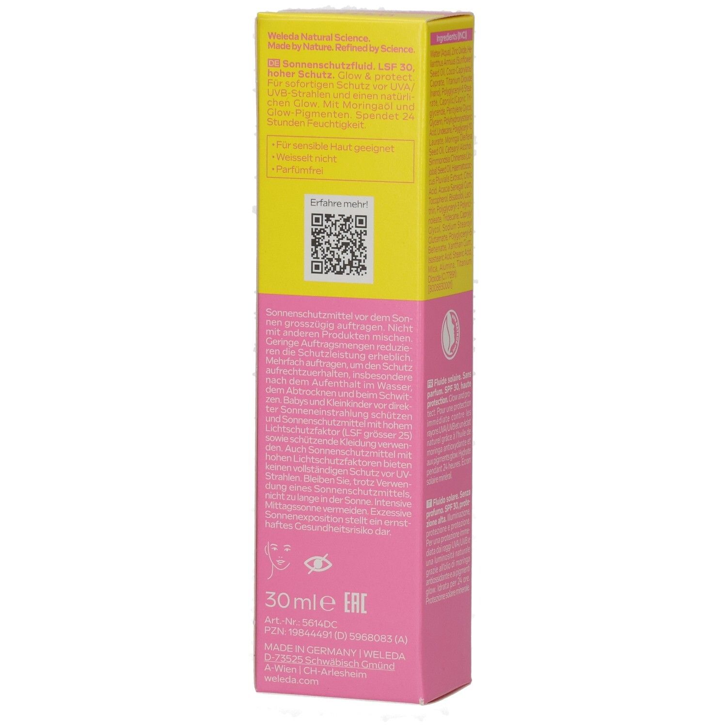 Rosa-gelbe Verpackung. Aufschrift: Sonnenschutz. QR-Code. Text in Deutsch, Französisch, Italienisch. Marke: Weleda.