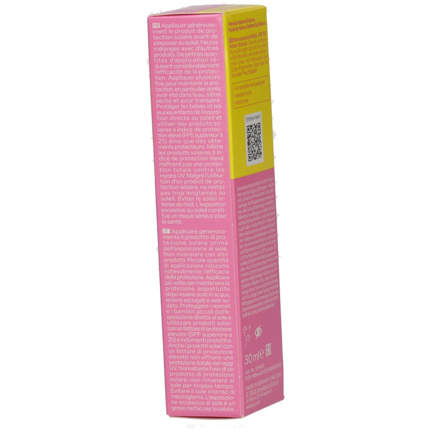 Rosa-gelbe Verpackung. Text in Deutsch, Französisch, Italienisch. Aufschrift: 30 ml. Marke: Weleda.