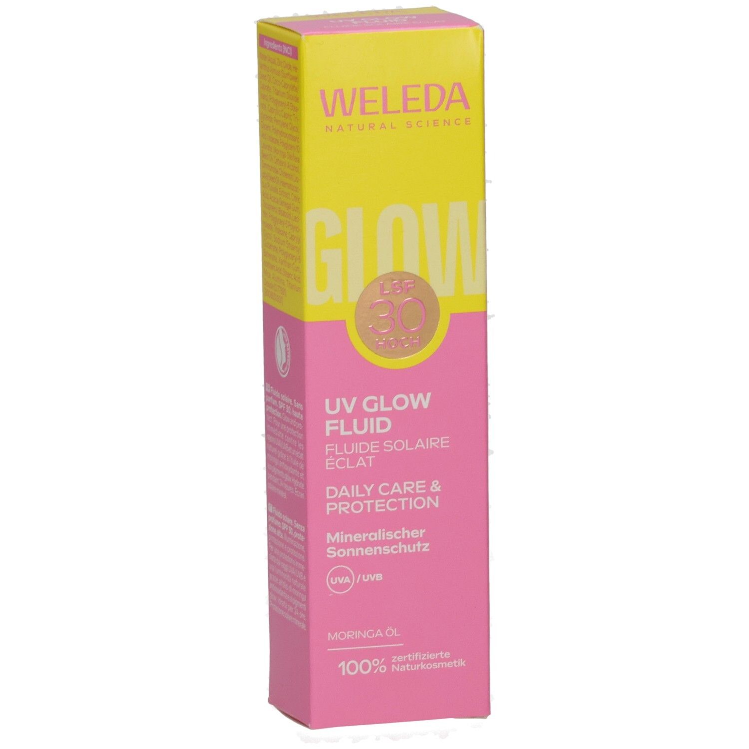 Rosa-gelbe Verpackung. Aufschrift: UV Glow Fluid, LSF 30, Daily Care & Protection. Mineralischer Sonnenschutz. Marke: Weleda.