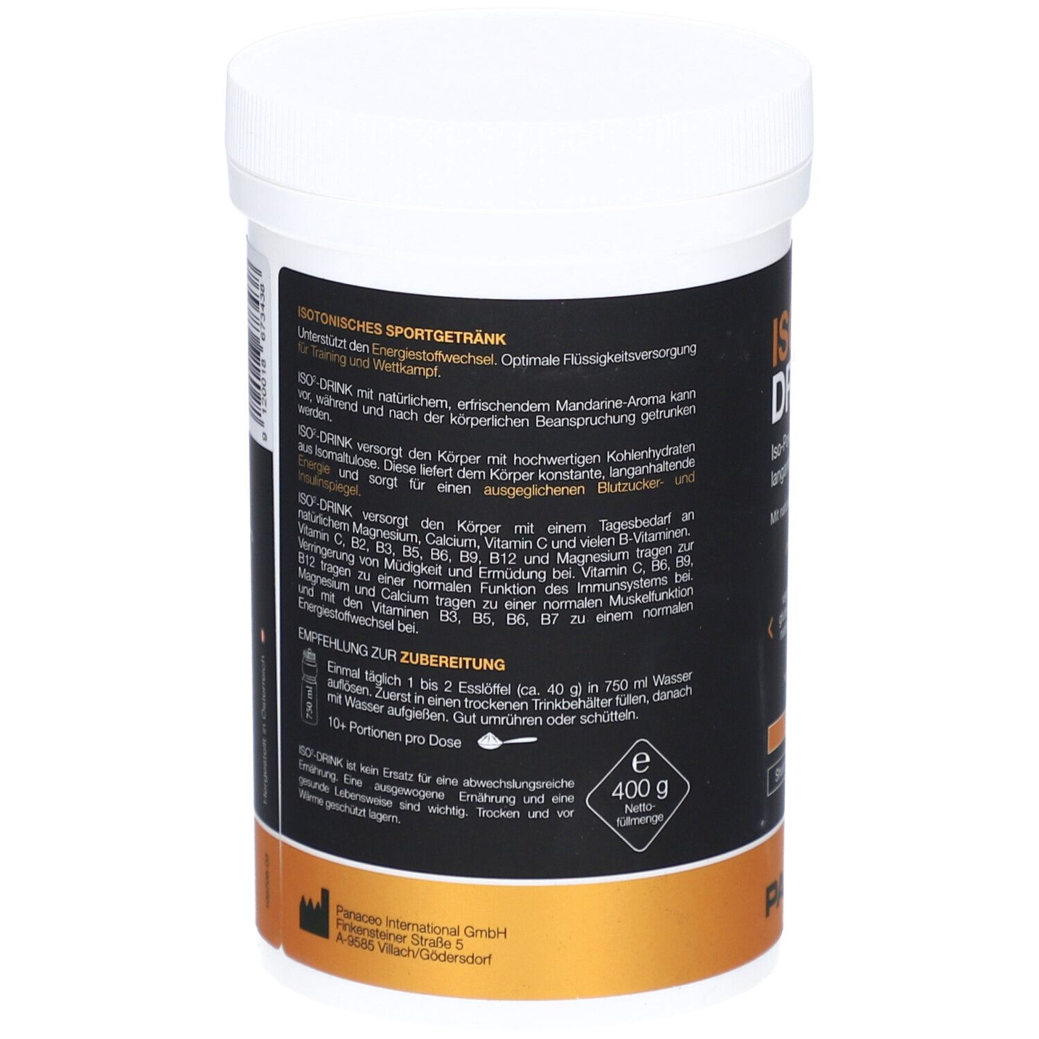 Rückseite der Dose. Text: Isotonisches Sportgetränk. Enthält Informationen zu Inhaltsstoffen und Zubereitung. Nettofüllmenge: 400 g. Marke: PANACEO.