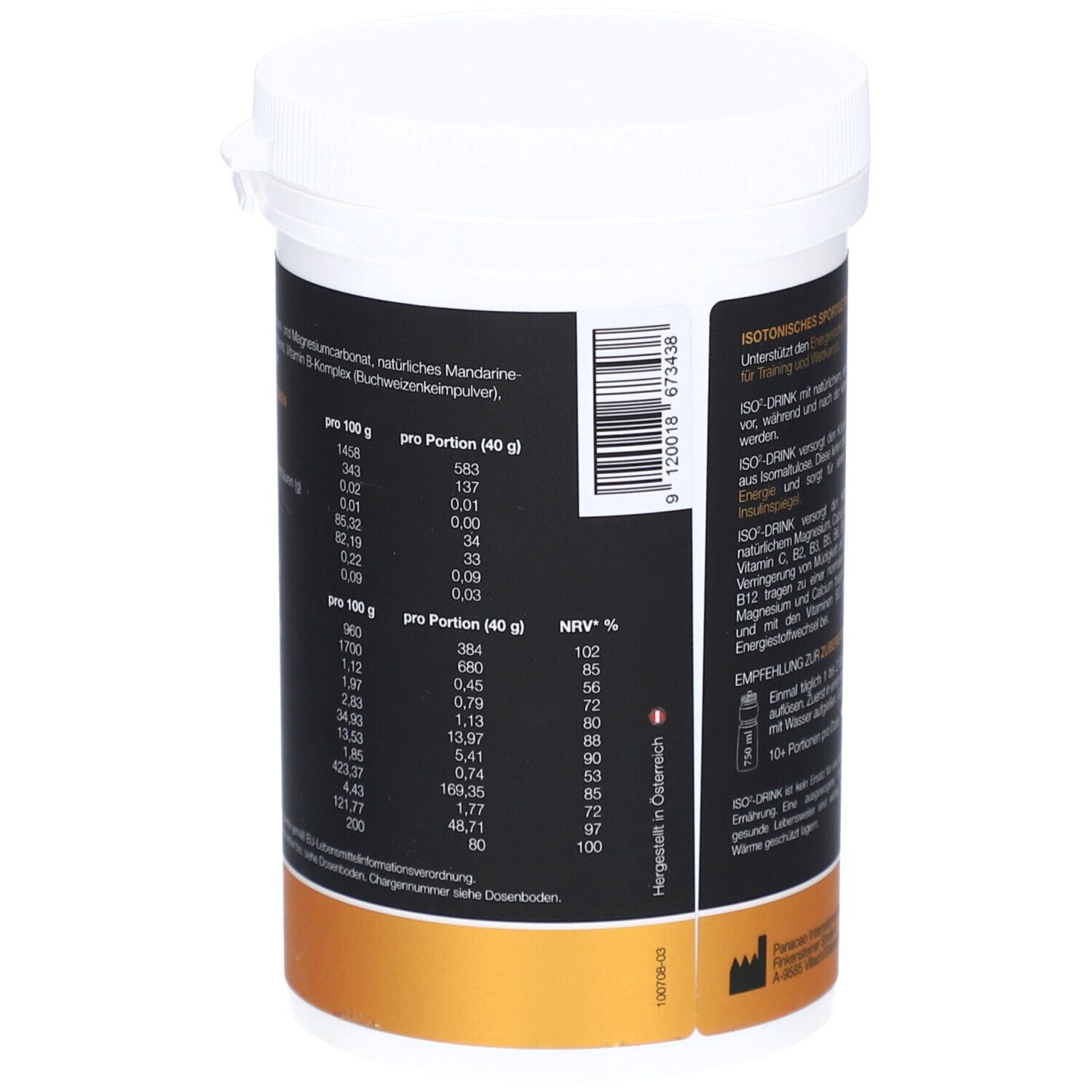 Rückseite der Dose mit Nährwertangaben pro 100g und pro Portion (40g). Hergestellt in Österreich. Marke: PANACEO.