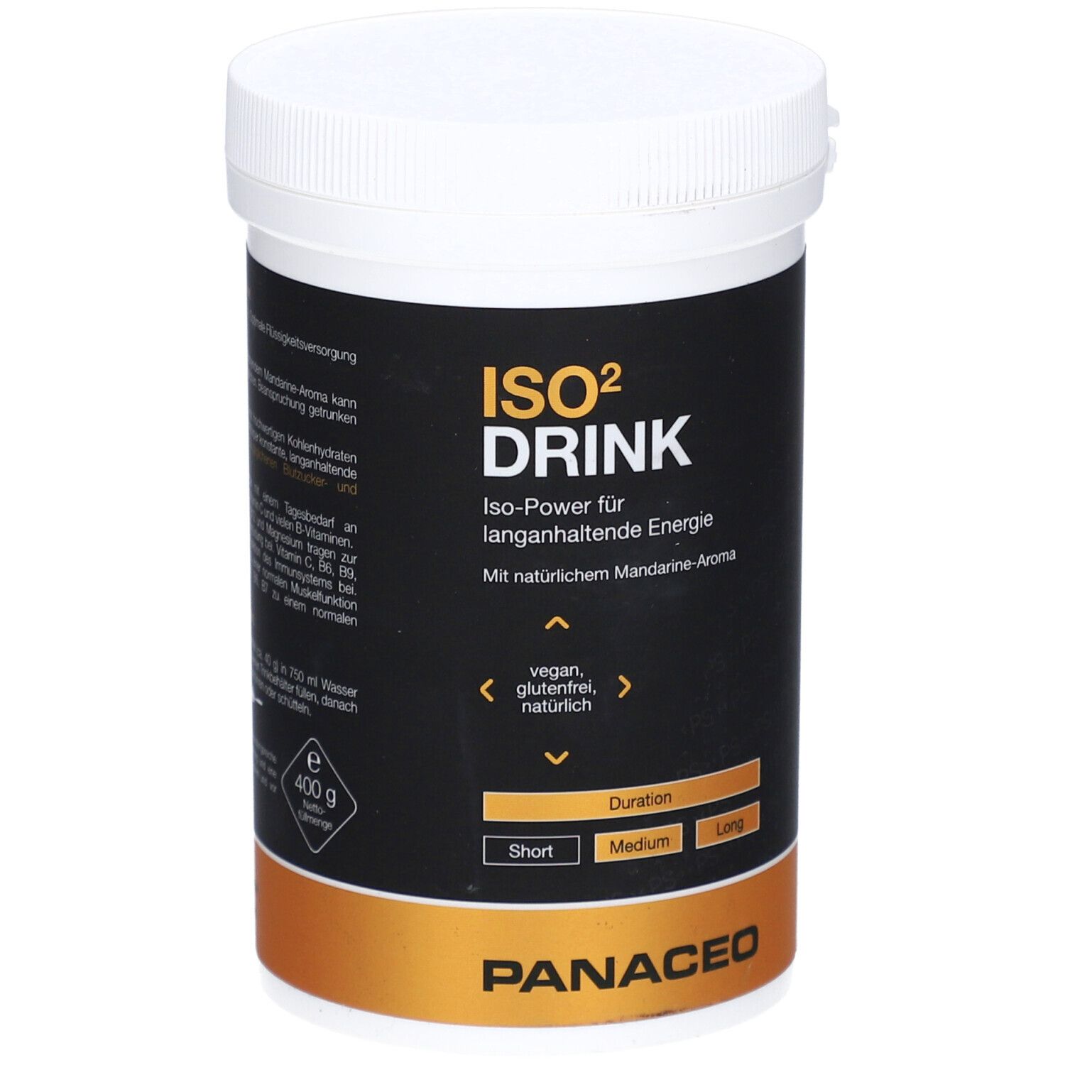 Zylindrische Dose mit weißem Deckel. Aufschrift: ISO² DRINK, Iso-Power für langanhaltende Energie. Vegan, glutenfrei, natürlich. Marke: PANACEO.