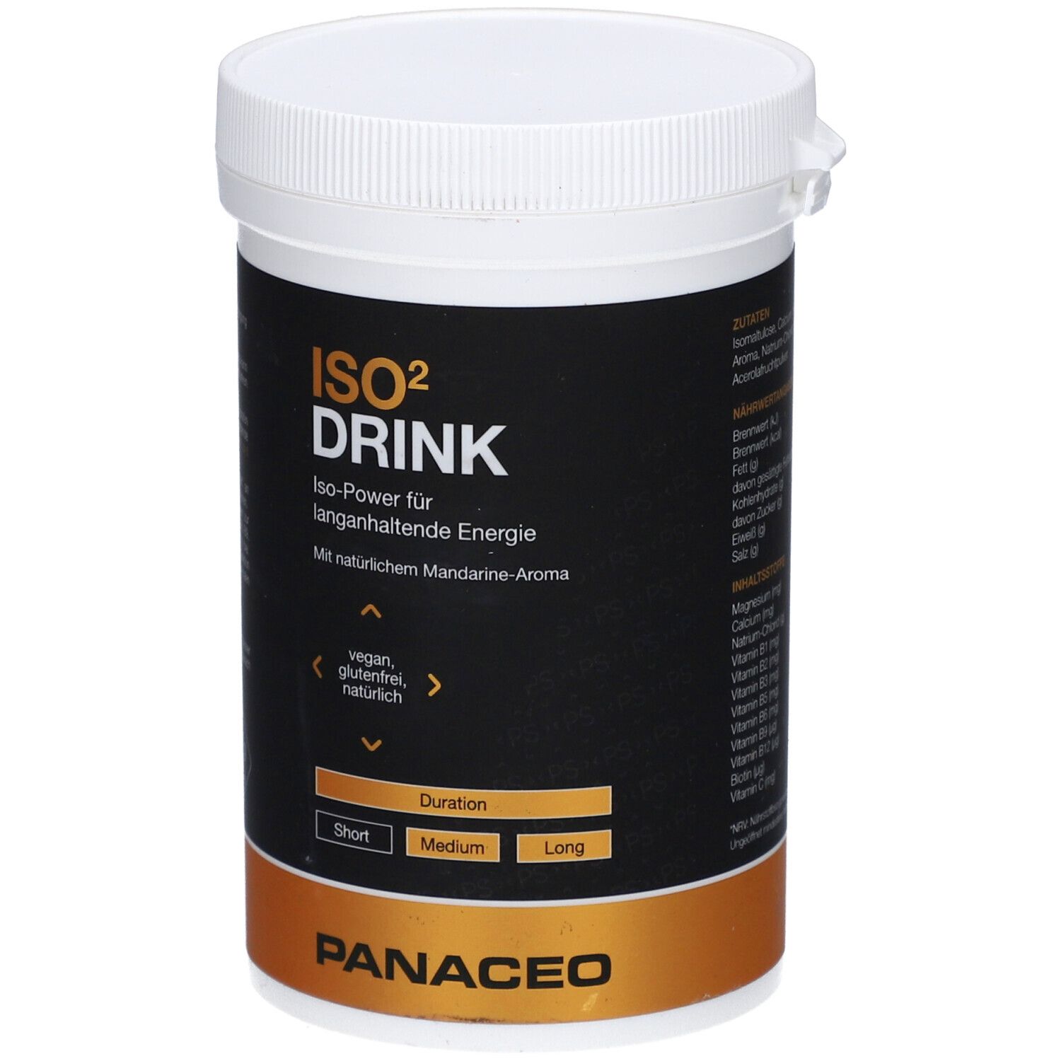 Zylindrische Dose mit weißem Deckel. Aufschrift: ISO² DRINK, Iso-Power für langanhaltende Energie. Vegan, glutenfrei, natürlich. Marke: PANACEO.