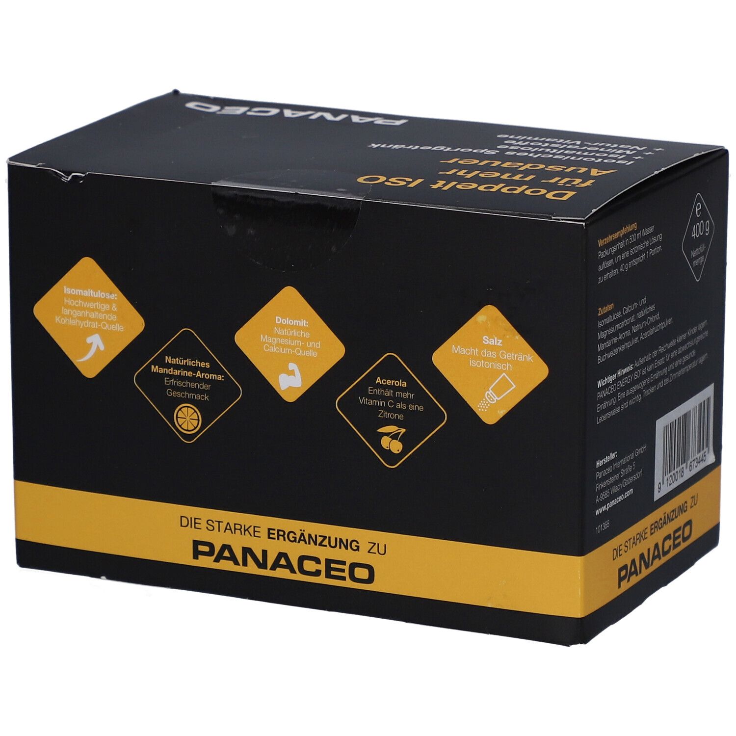 Schwarze Produktverpackung mit gelben Akzenten. Enthält Informationen zu Inhaltsstoffen und Eigenschaften. Marke sichtbar.