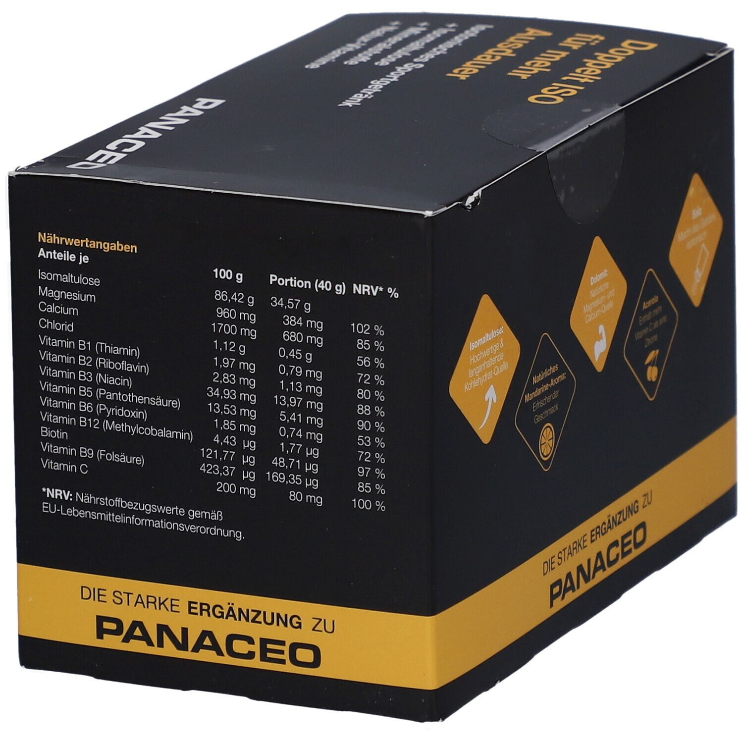 Produktverpackung mit Nährwertangaben. Enthält Informationen zu Vitaminen und Mineralstoffen. Marke sichtbar.