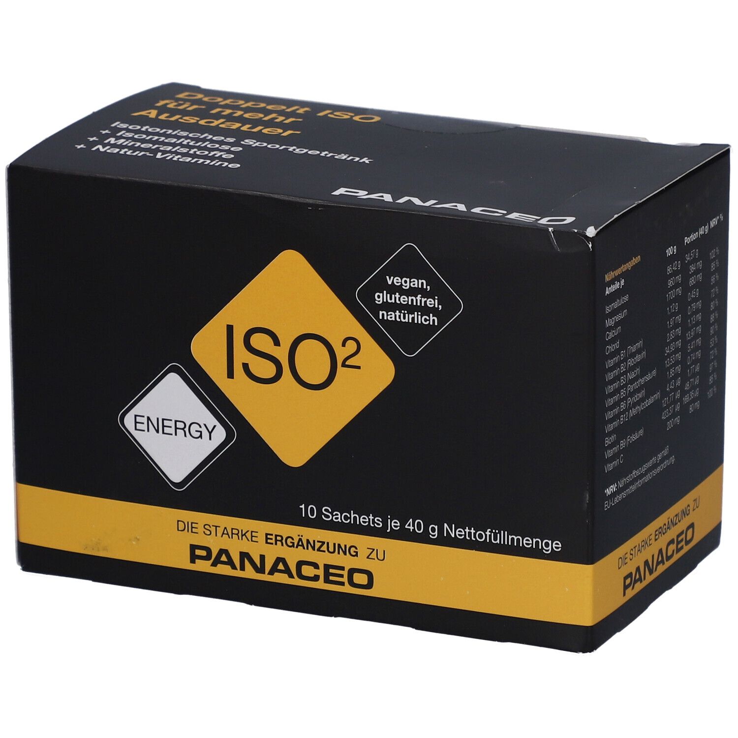Schwarze Produktverpackung mit gelben Akzenten. Enthält Informationen zu Inhaltsstoffen und Eigenschaften. Marke sichtbar.