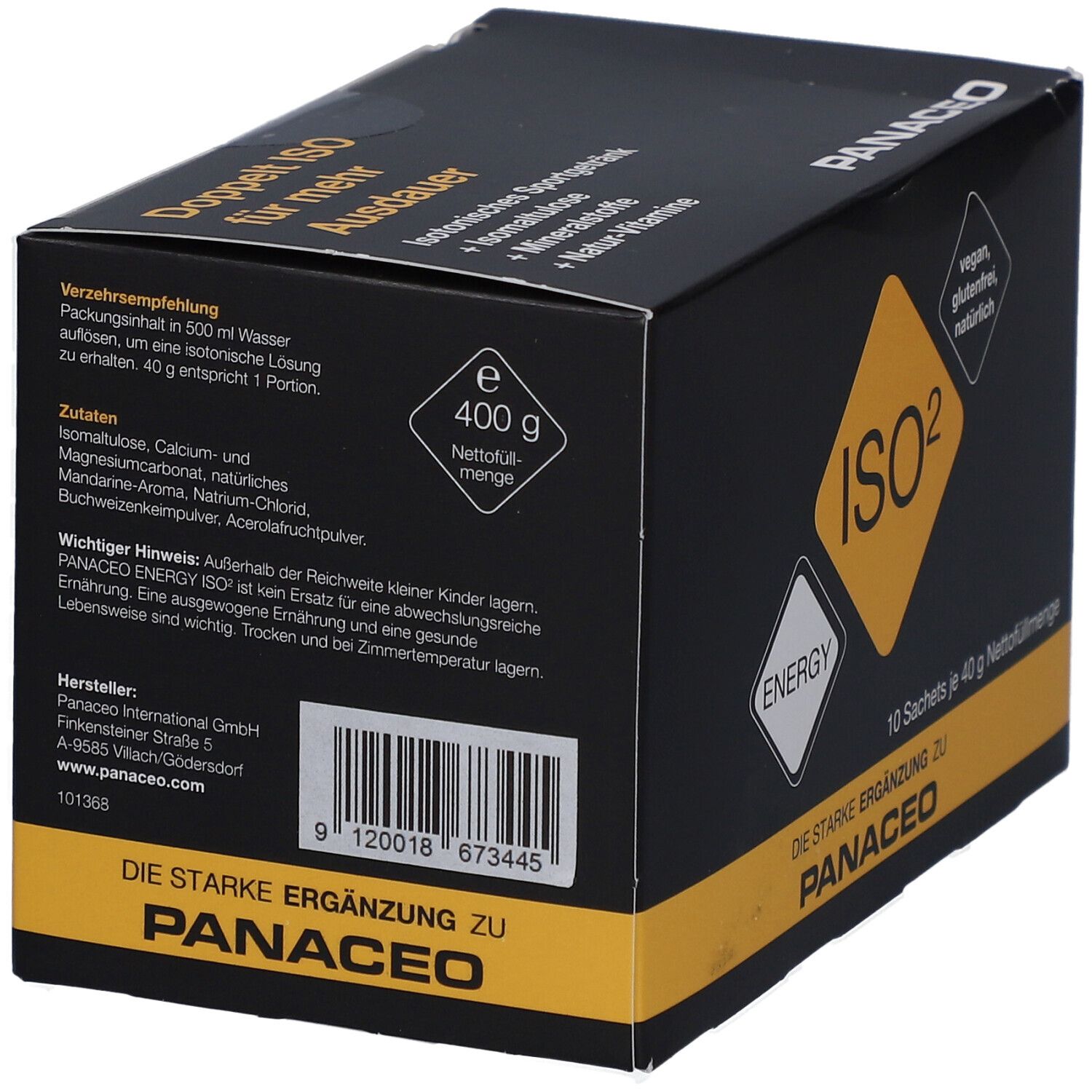 Schwarze Produktverpackung mit gelben Akzenten. Enthält Informationen zu Inhaltsstoffen und Eigenschaften. Marke sichtbar.