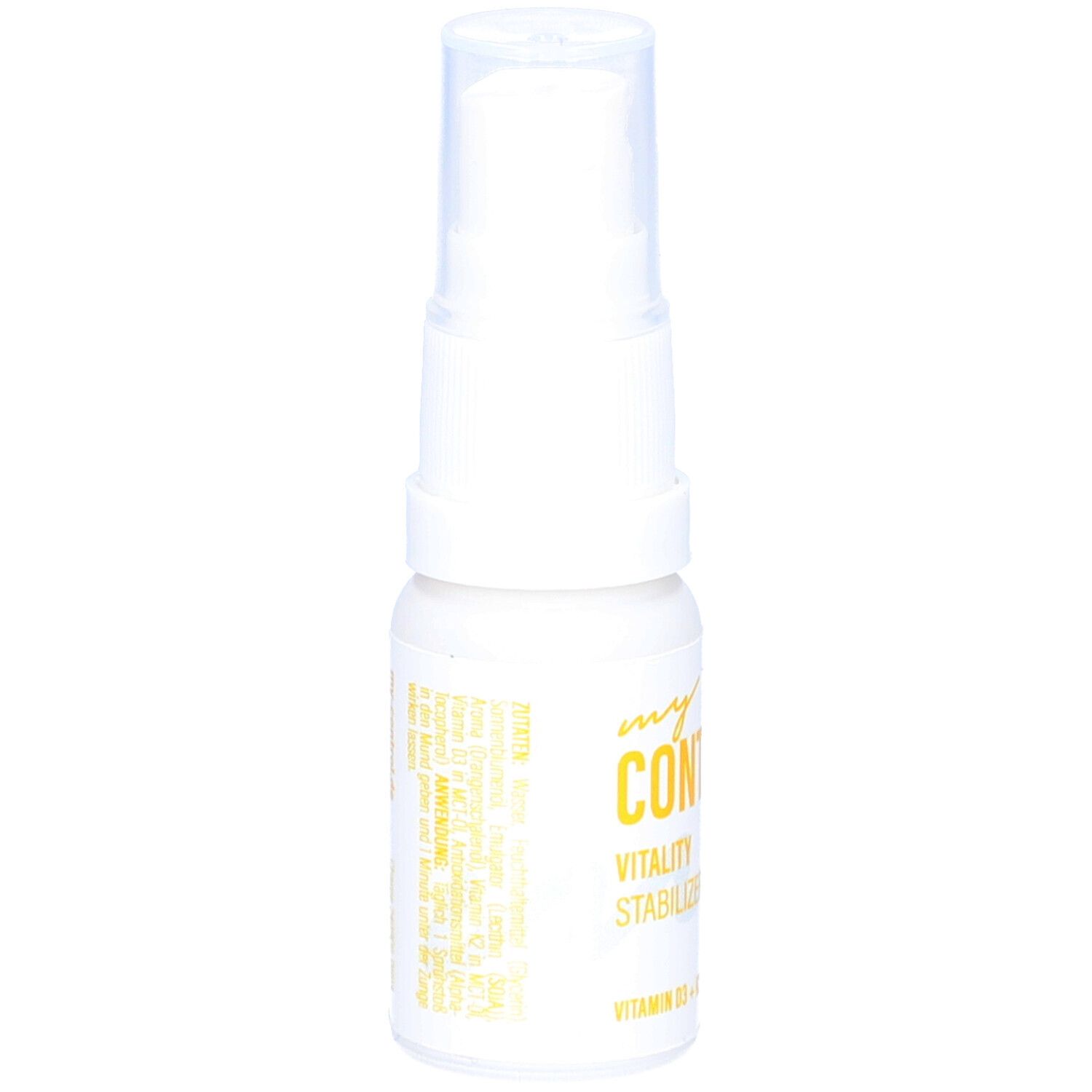Weiße Sprühflasche mit gelbem Etikett. Aufschrift: my CONTROL, Vitality Stabilizer, Vitamin D3 + K2. Rückseite mit Text.