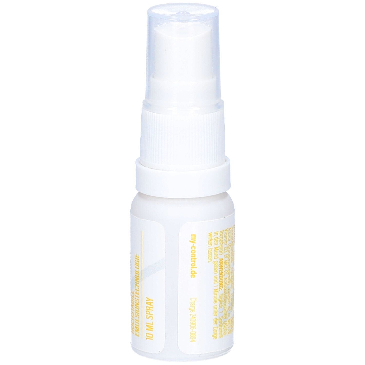 Weiße Sprühflasche mit gelbem Etikett. Aufschrift: my CONTROL, 10 ml Spray. Rückseite mit Text.