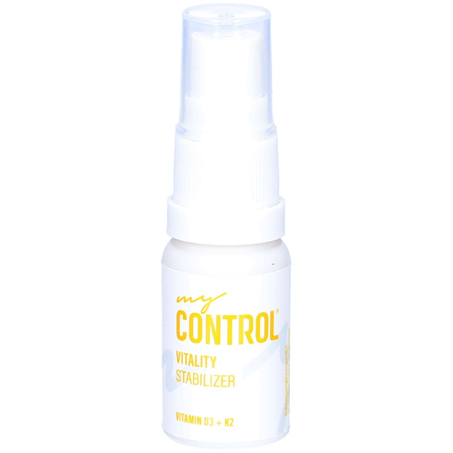 Weiße Sprühflasche mit gelbem Etikett. Aufschrift: my CONTROL, Vitality Stabilizer, Vitamin D3 + K2.