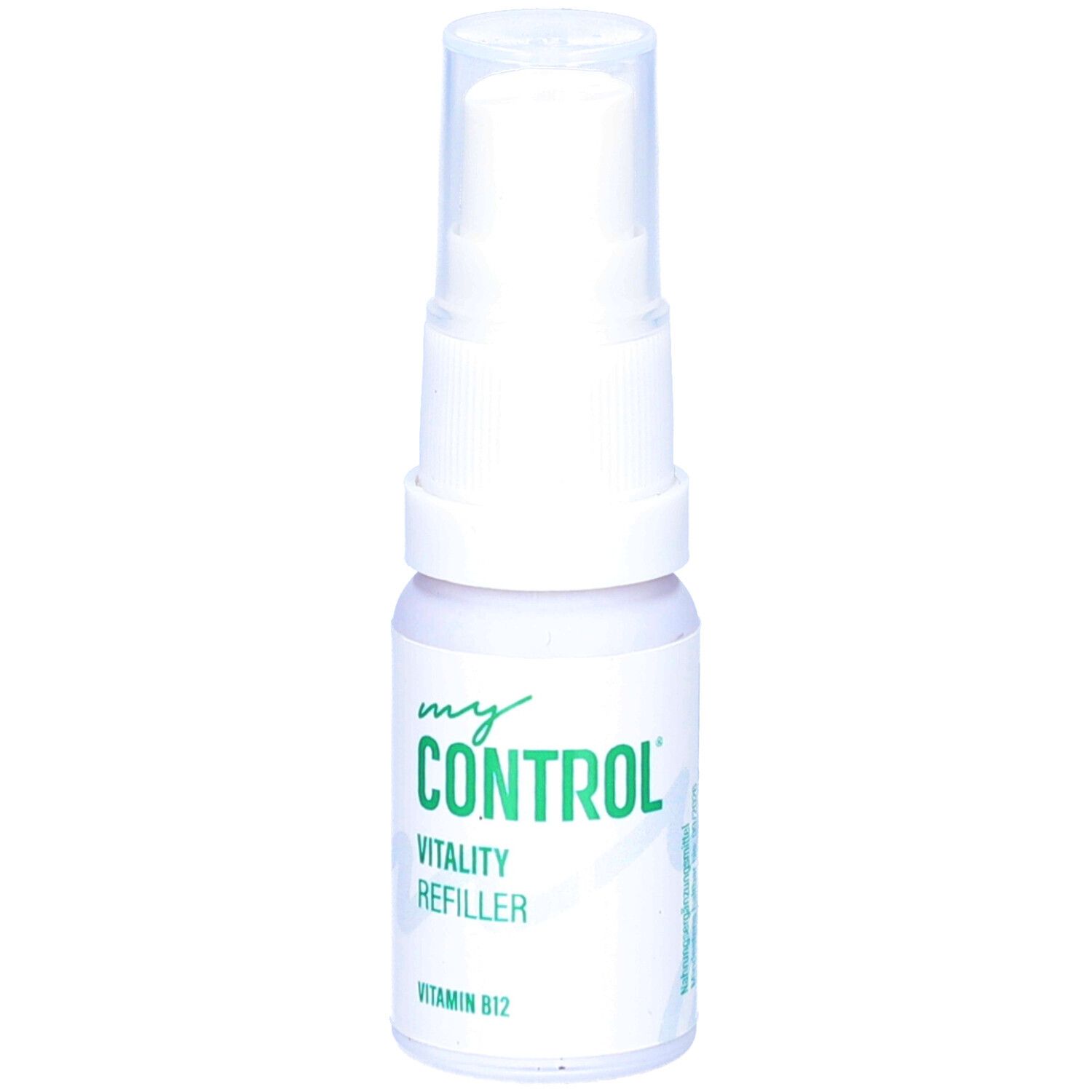 Weißer Sprayflakon mit Sprühkopf. Aufschrift: my CONTROL, Vitality Refiller, Vitamin B12.