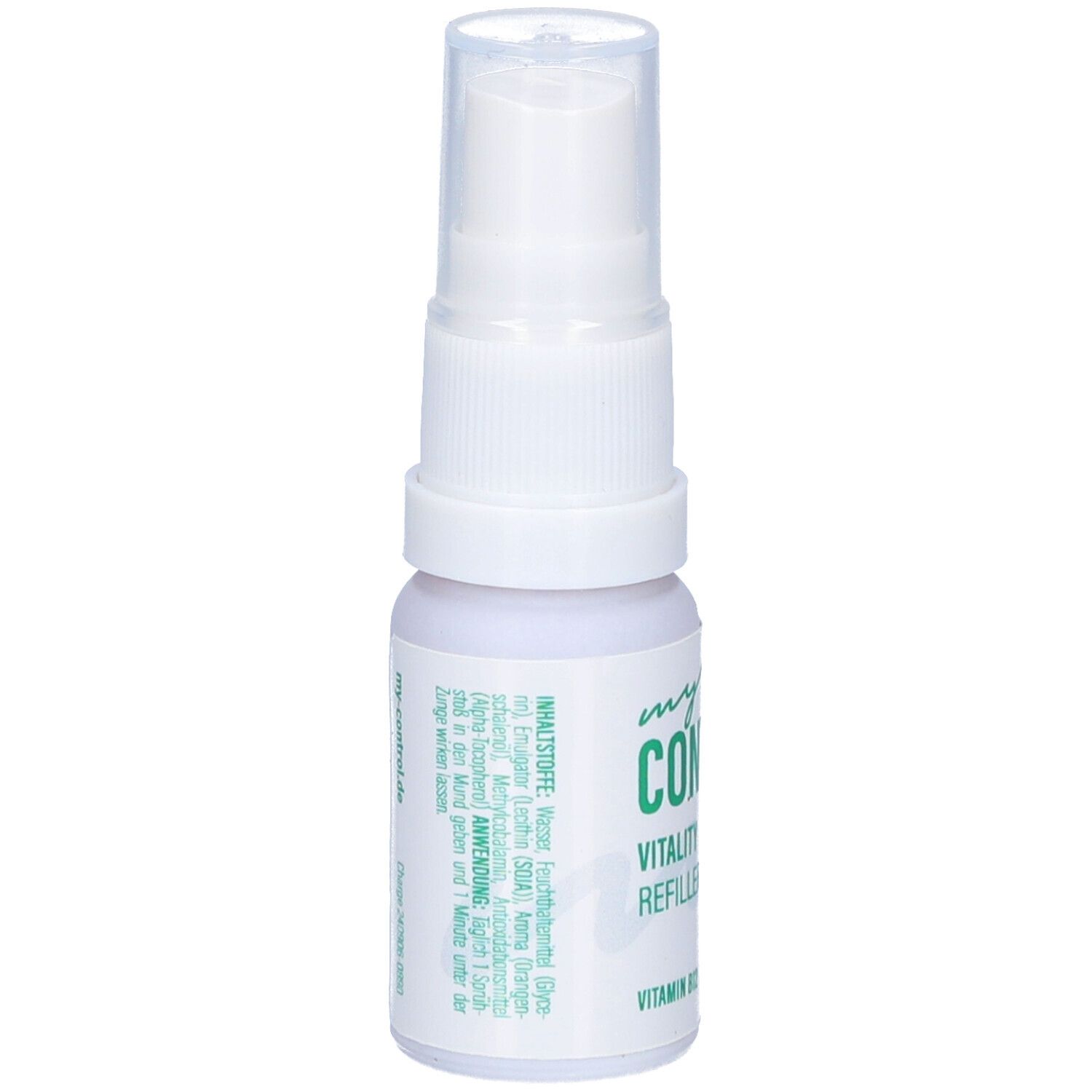 Weißer Sprayflakon mit Sprühkopf. Aufschrift: my CONTROL, Vitality Refiller, Vitamin B12. Rückseite mit Text.