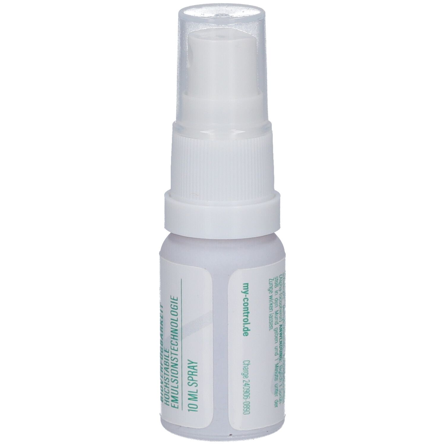 Weißer Sprayflakon mit Sprühkopf. Aufschrift: my-control.de, 10 ml Spray. Rückseite mit Text.